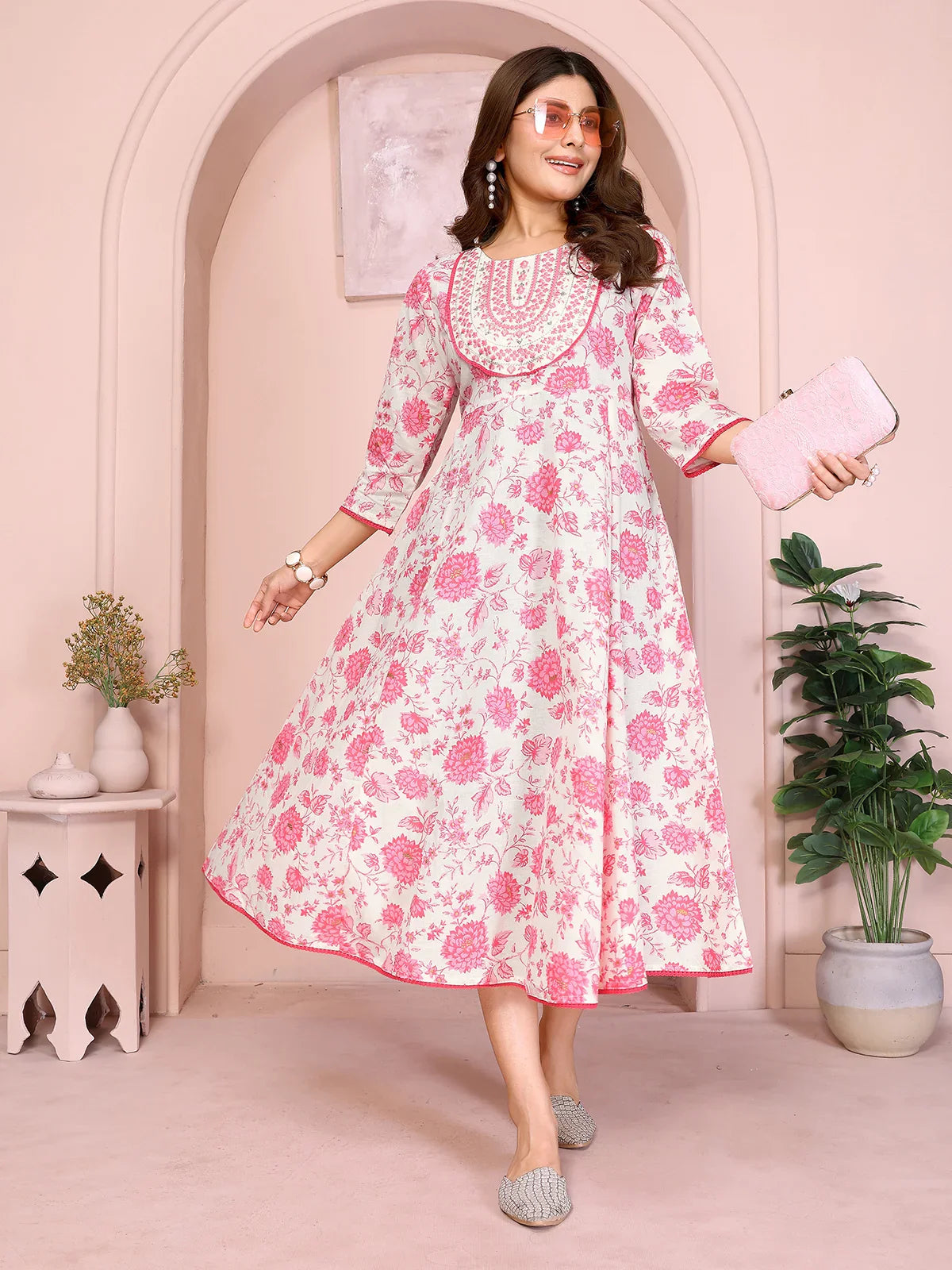 Buy Cotton Embroidered Flared Calf Length Dress-Pink