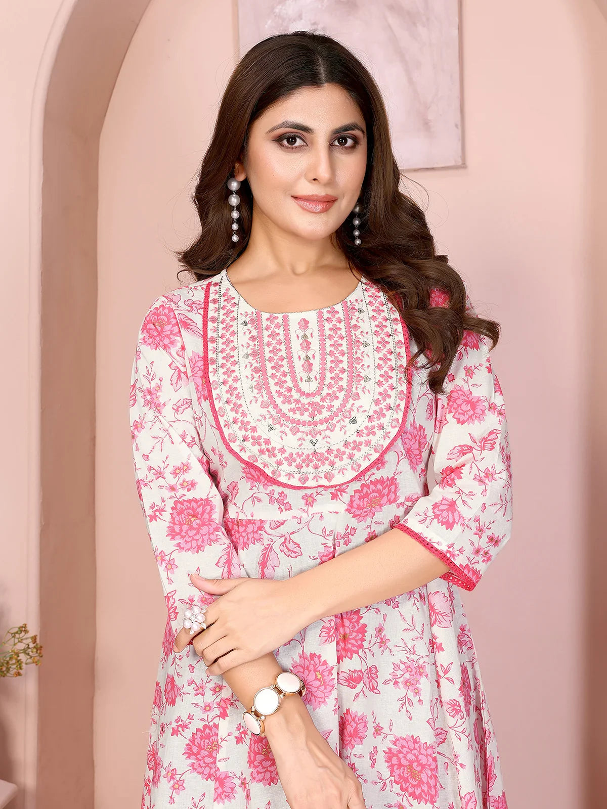 Buy Cotton Embroidered Flared Calf Length Dress-Pink