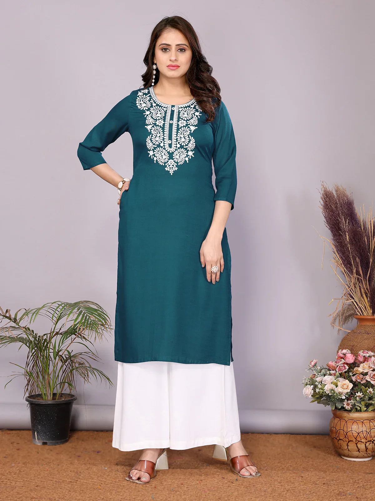 Buy Rayon Embroidered Straight Calf Length Kurta-Teal