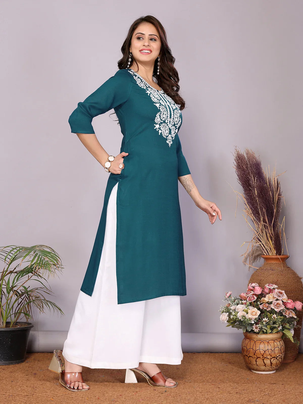 Buy Rayon Embroidered Straight Calf Length Kurta-Teal