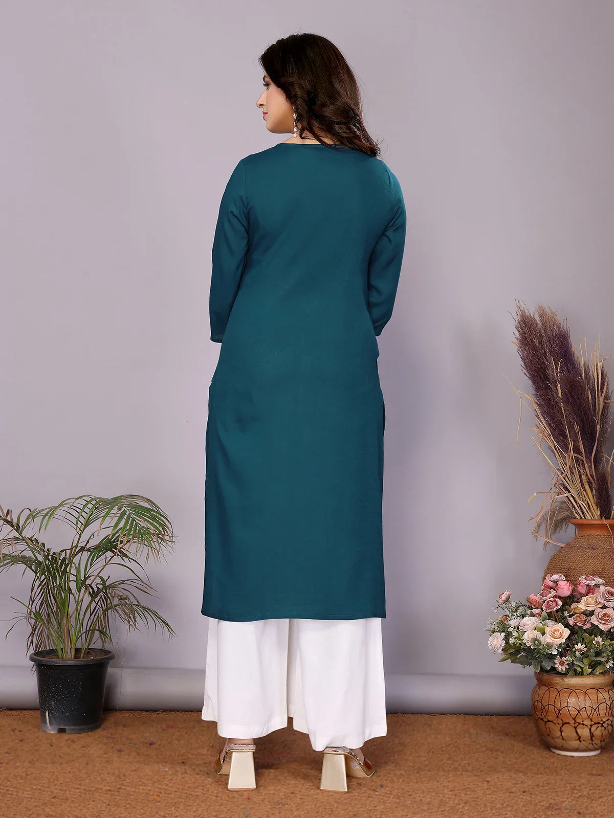 Buy Rayon Embroidered Straight Calf Length Kurta-Teal