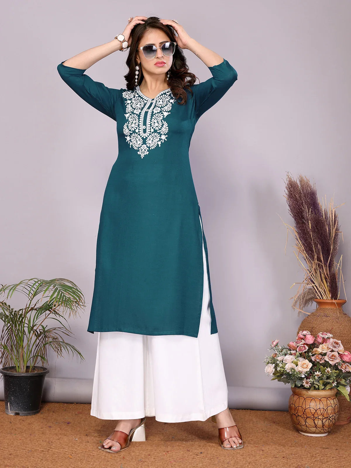 Buy Rayon Embroidered Straight Calf Length Kurta-Teal