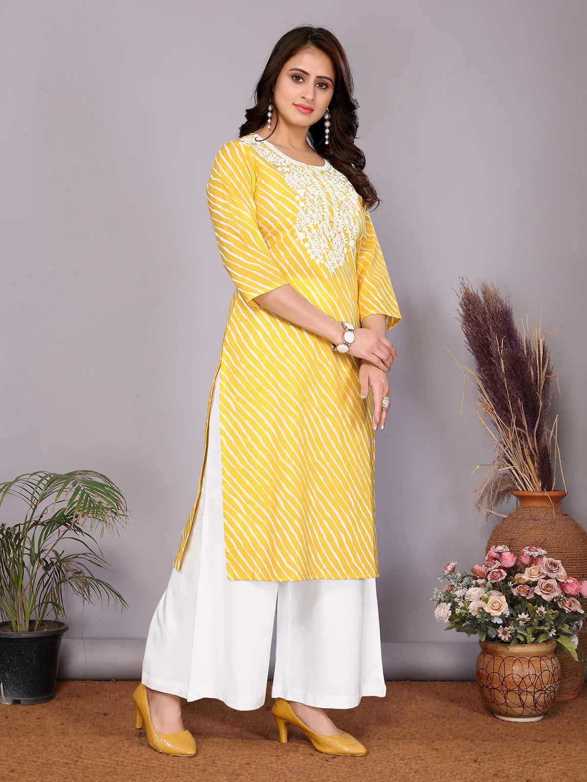 Buy Cotton Embroidered Straight Calf Length Kurta-Yellow