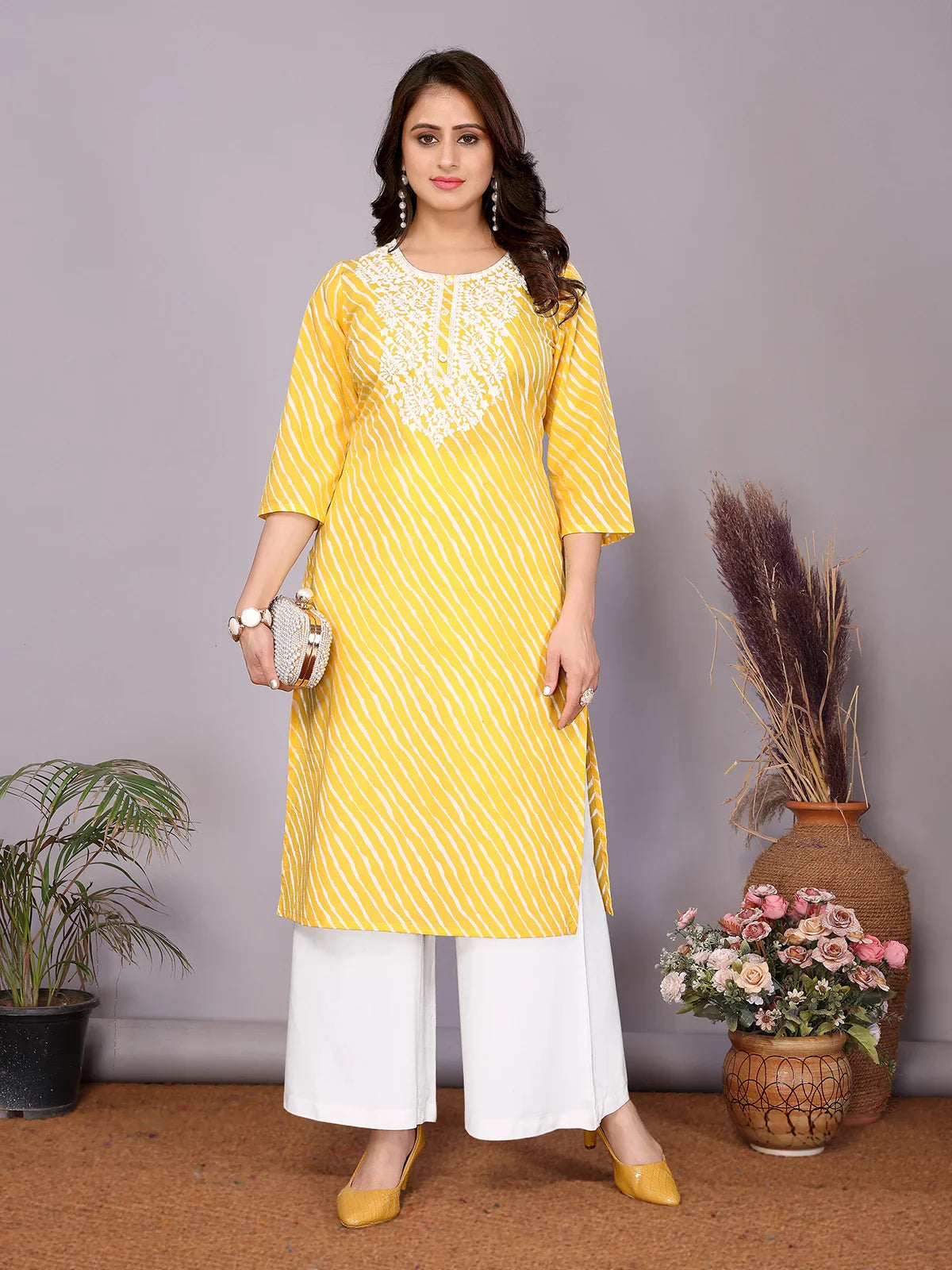 Buy Cotton Embroidered Straight Calf Length Kurta-Yellow