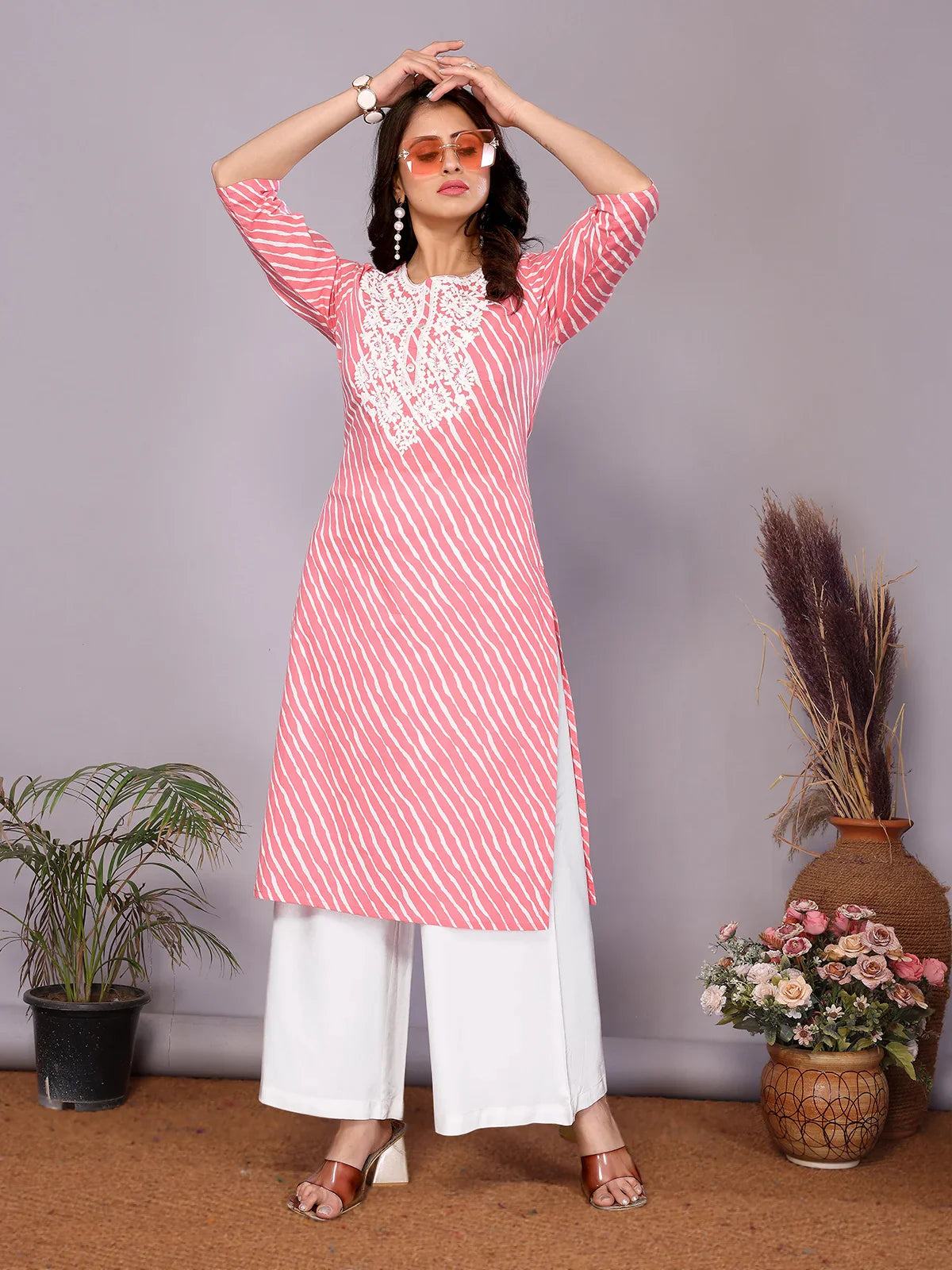 Buy Cotton Embroidered Straight Calf Length Kurta-Pink