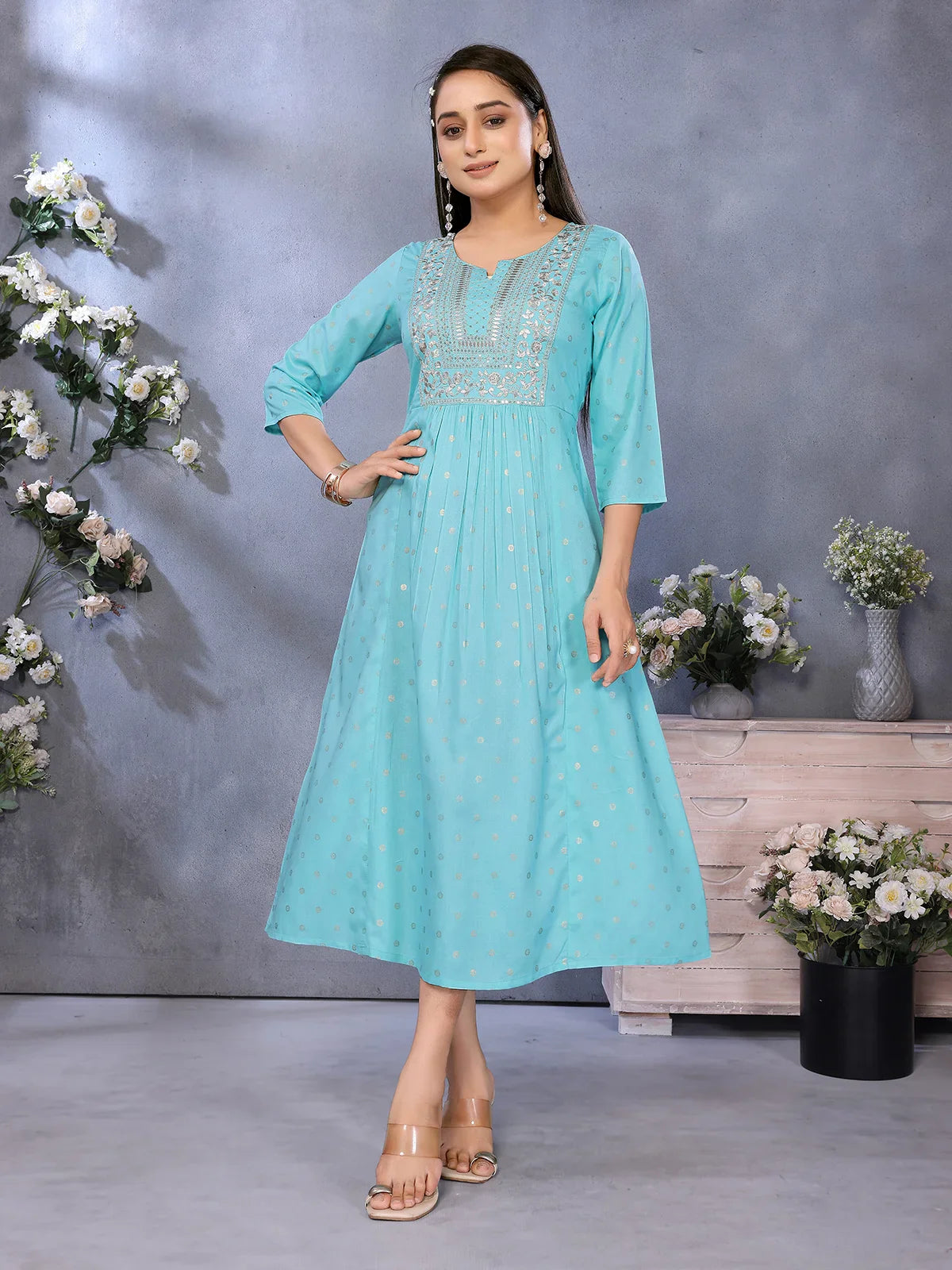 Buy Rayon Embroidered Flared Calf Length Kurta-Aqua