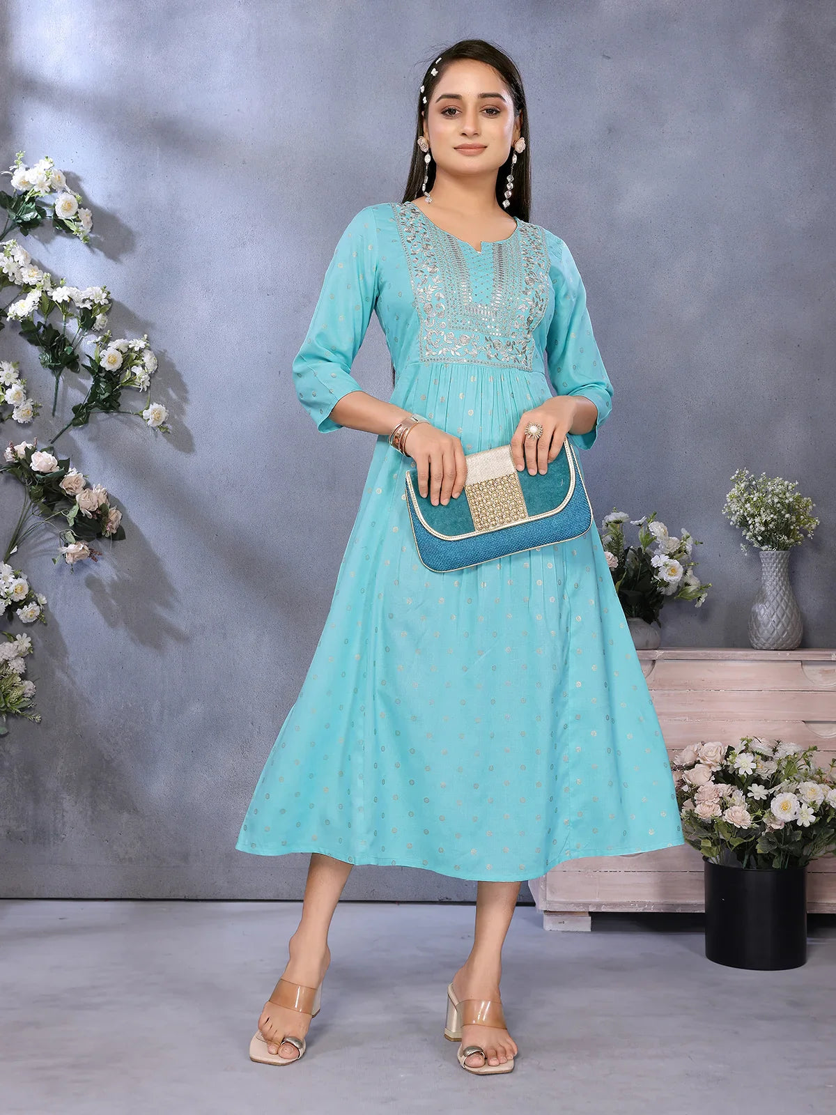 Buy Rayon Embroidered Flared Calf Length Kurta-Aqua