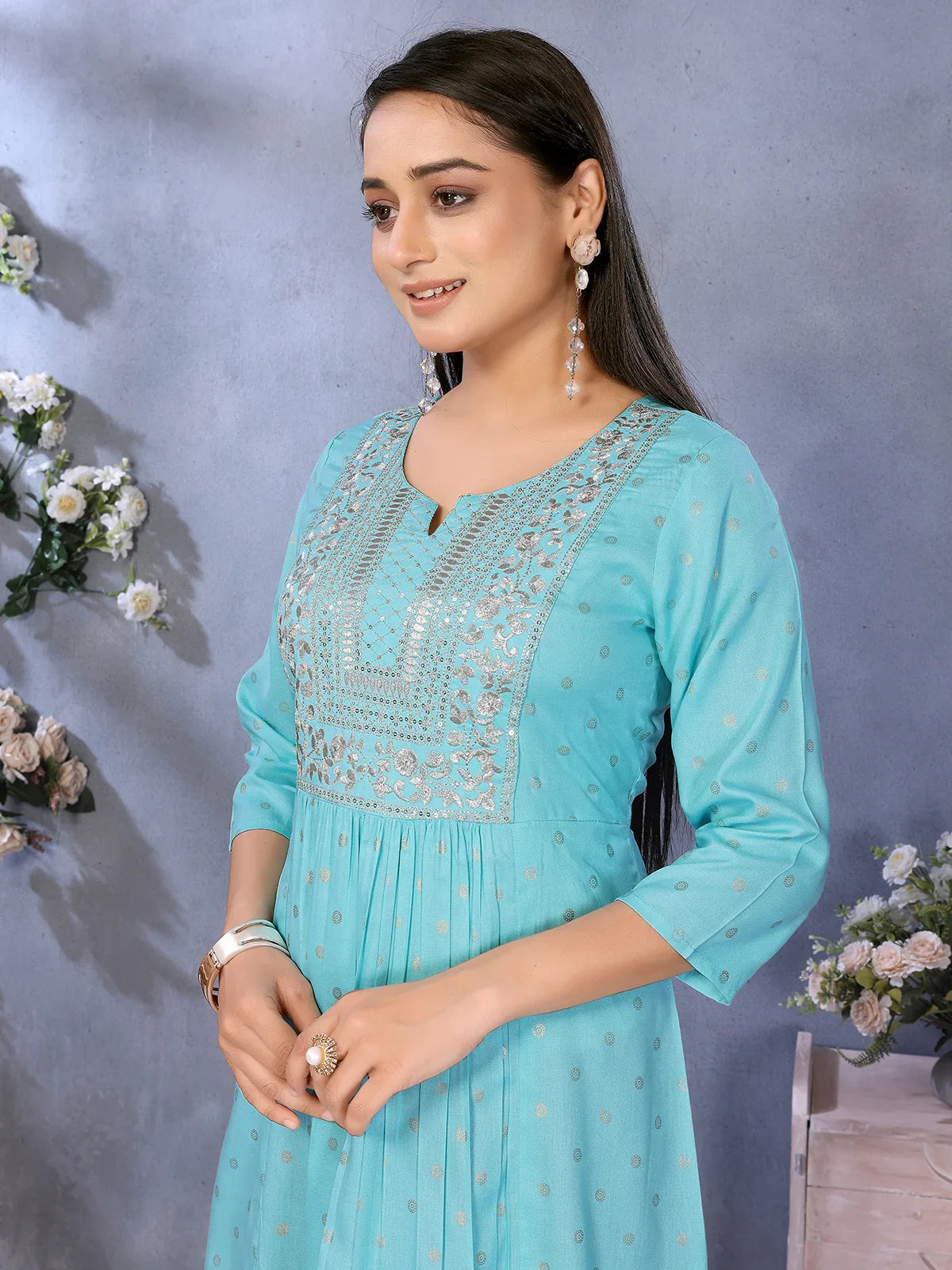 Buy Rayon Embroidered Flared Calf Length Kurta-Aqua