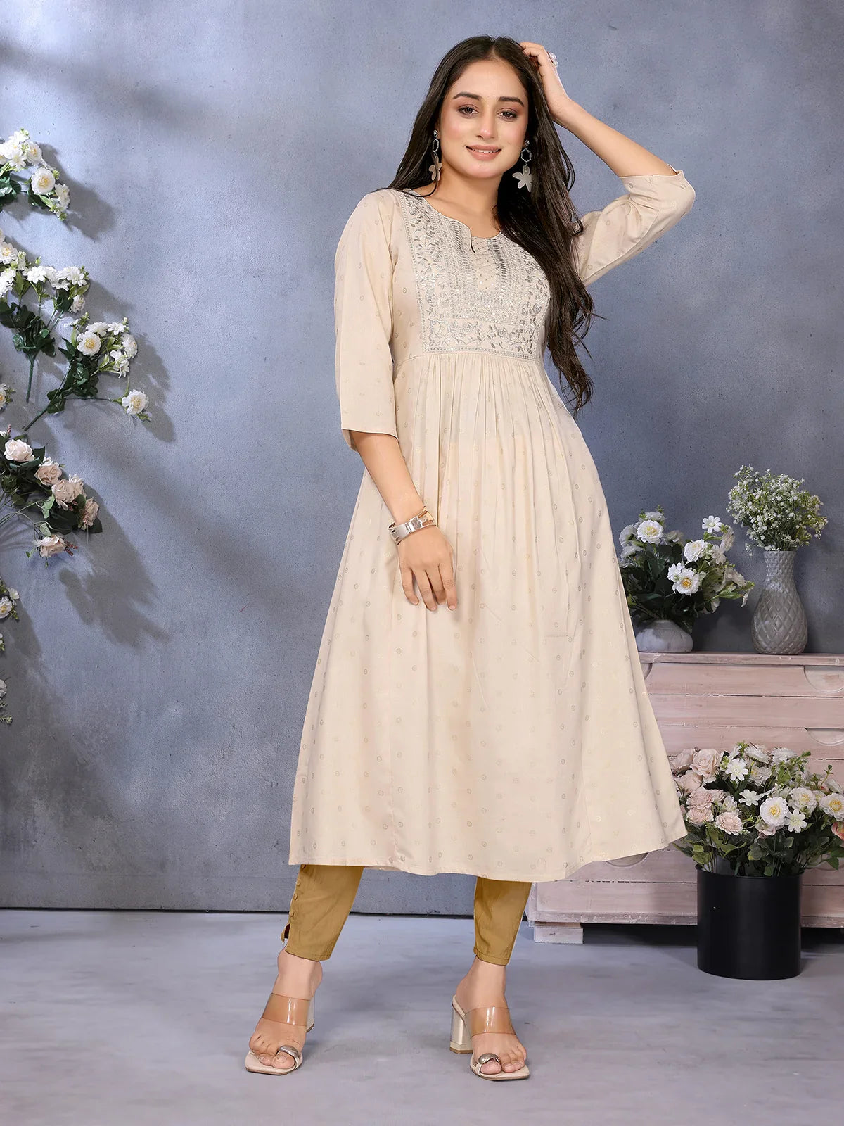 Buy Rayon Embroidered Flared Calf Length Kurta-Beige
