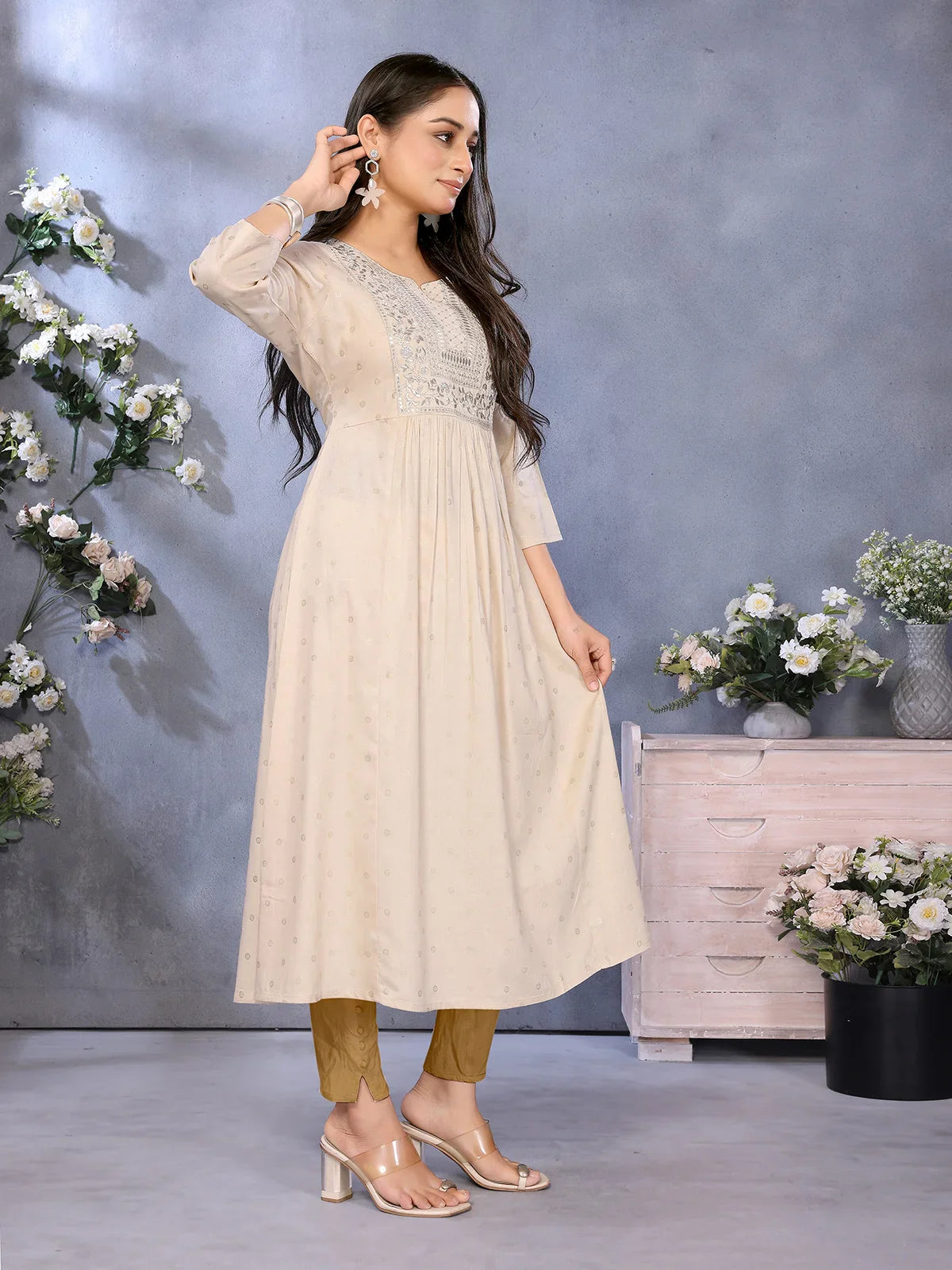 Buy Rayon Embroidered Flared Calf Length Kurta-Beige