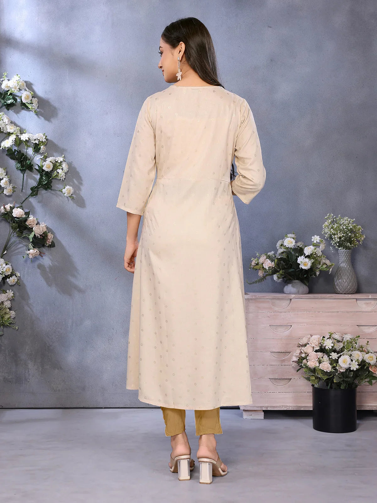 Buy Rayon Embroidered Flared Calf Length Kurta-Beige