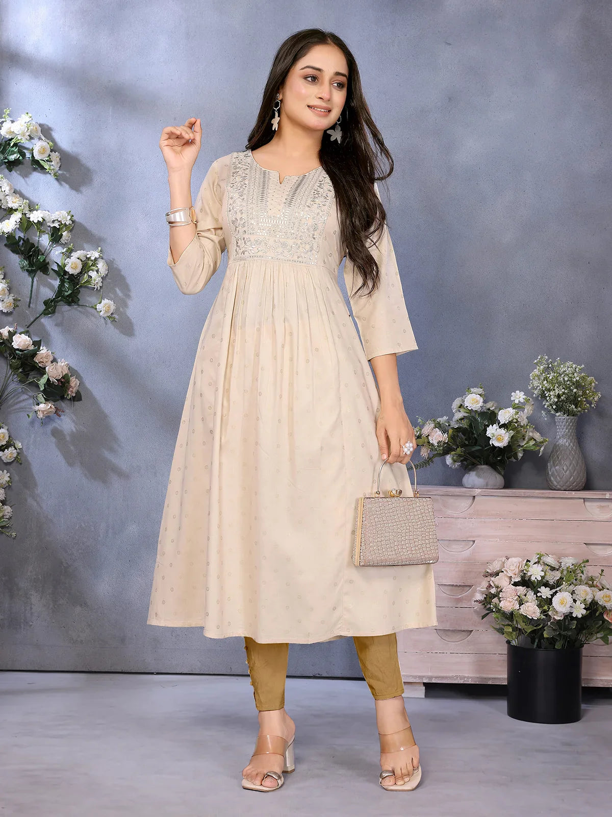 Buy Rayon Embroidered Flared Calf Length Kurta-Beige