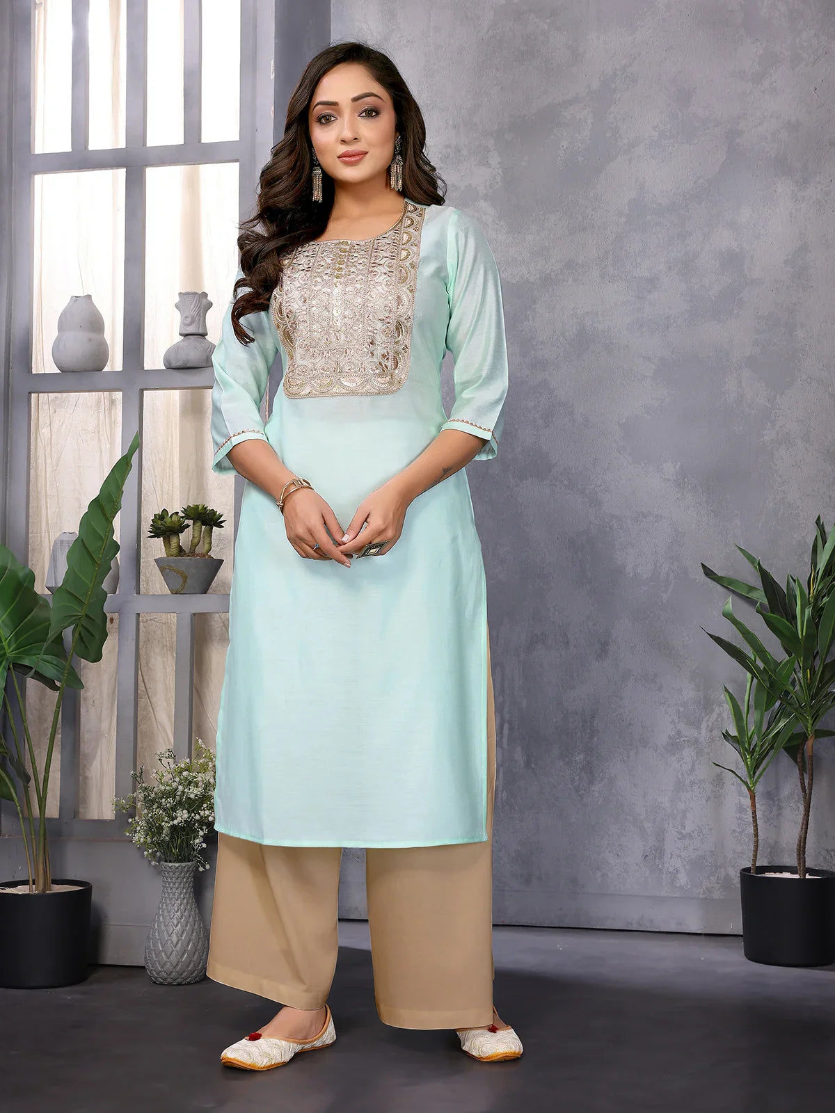 Buy Viscose Blend Embroidered Straight Calf Length Kurta-Sea Green