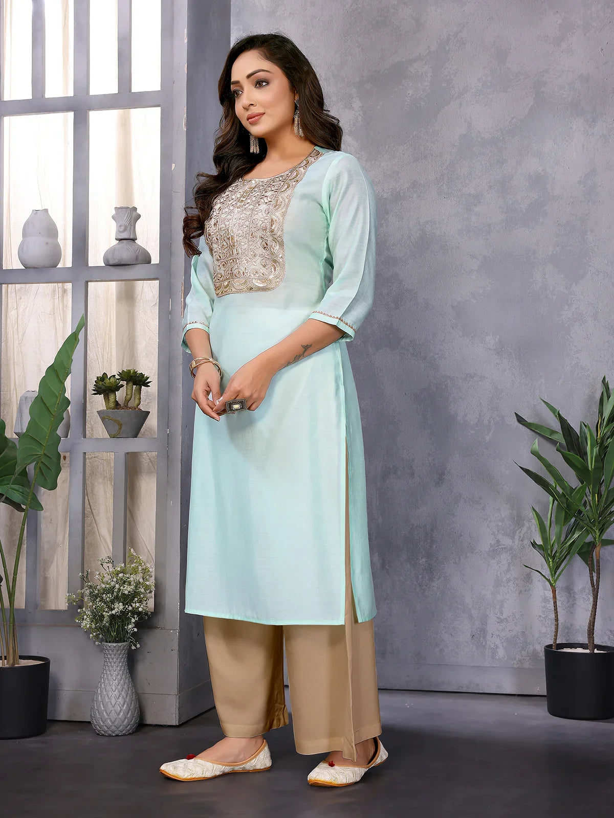 Buy Viscose Blend Embroidered Straight Calf Length Kurta-Sea Green