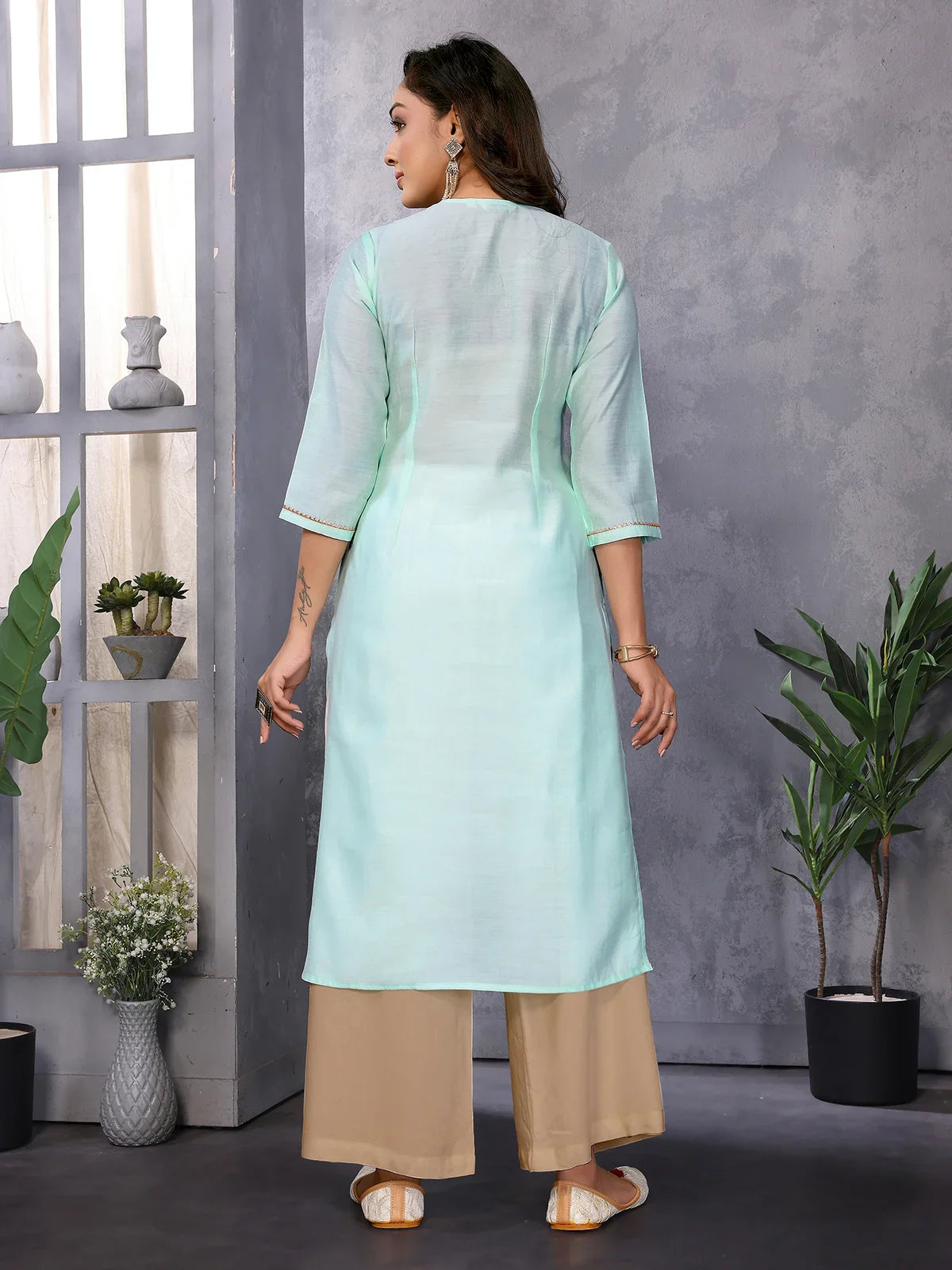 Buy Viscose Blend Embroidered Straight Calf Length Kurta-Sea Green