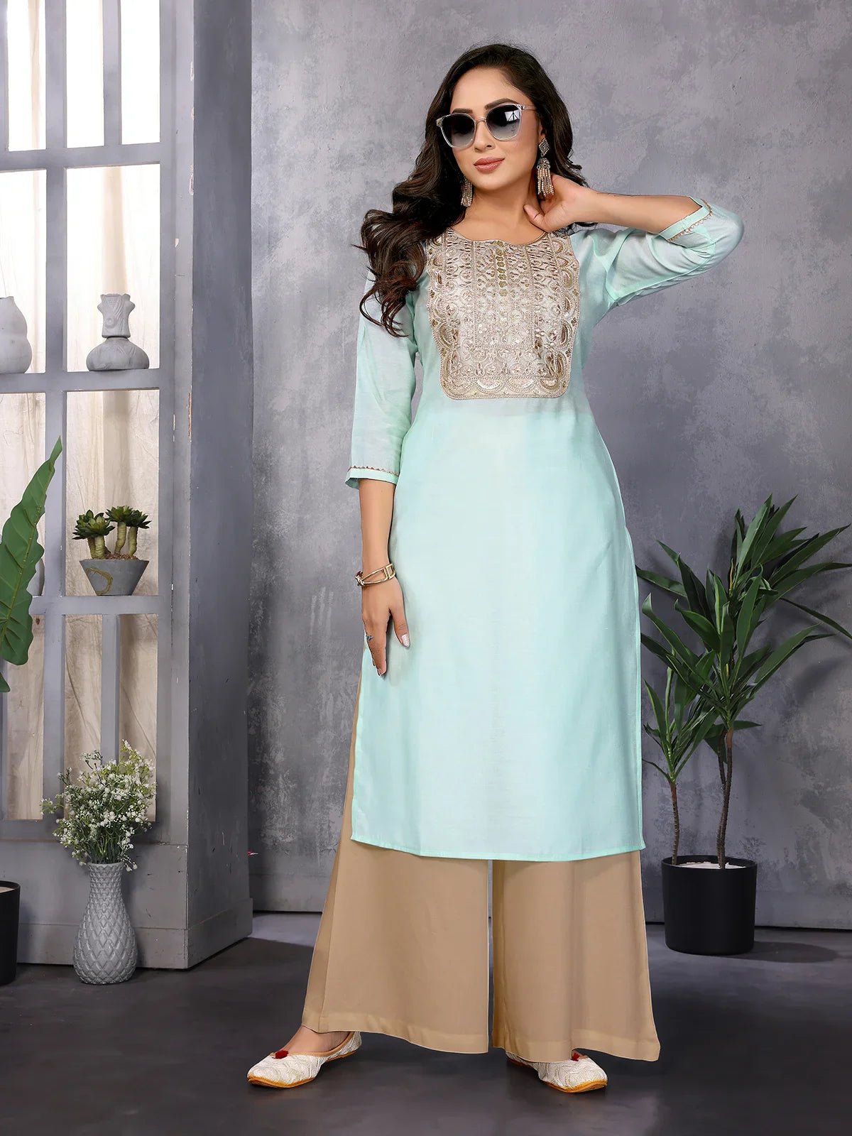 Buy Viscose Blend Embroidered Straight Calf Length Kurta-Sea Green