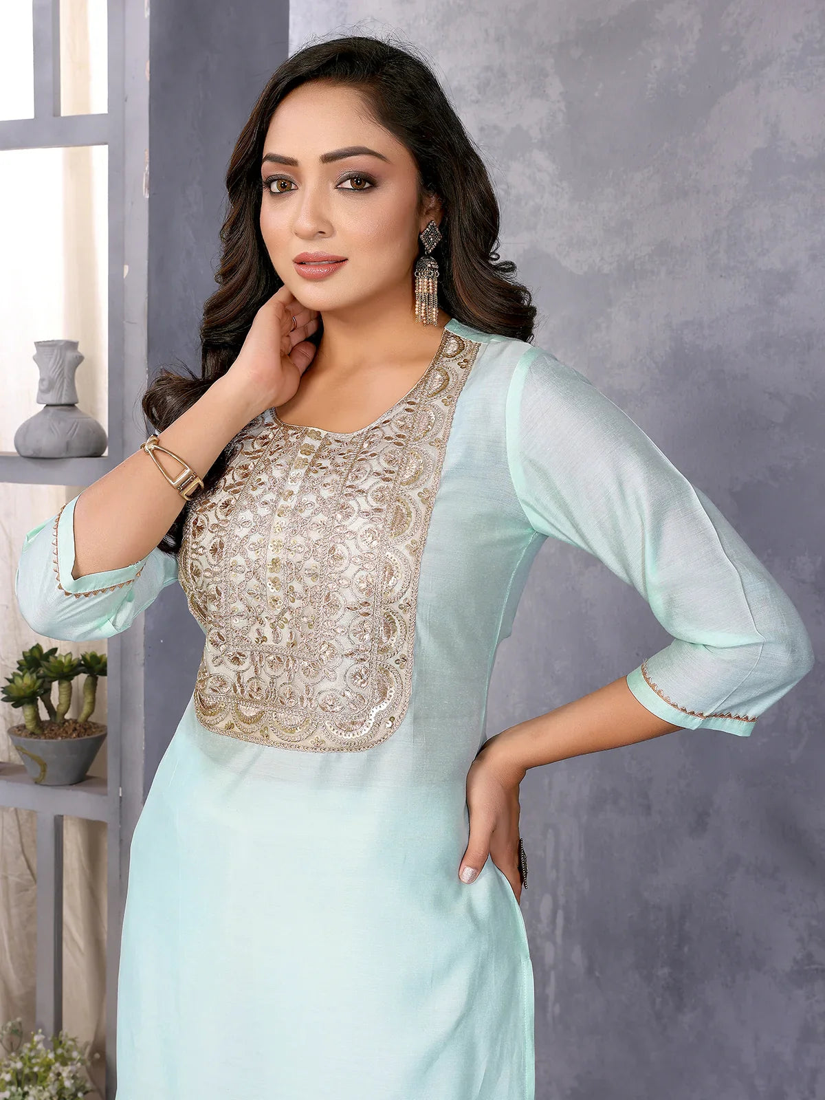 Buy Viscose Blend Embroidered Straight Calf Length Kurta-Sea Green