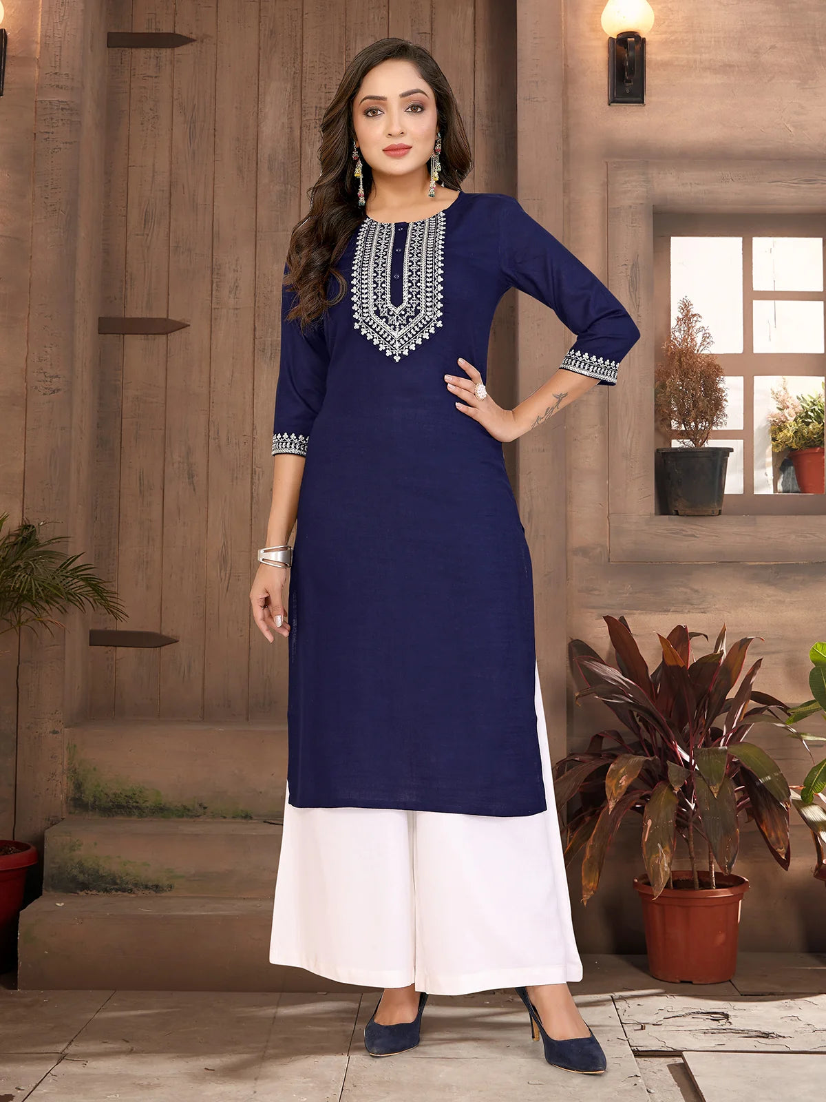 Buy Rayon Embroidered Straight Calf Length Kurta-Blue