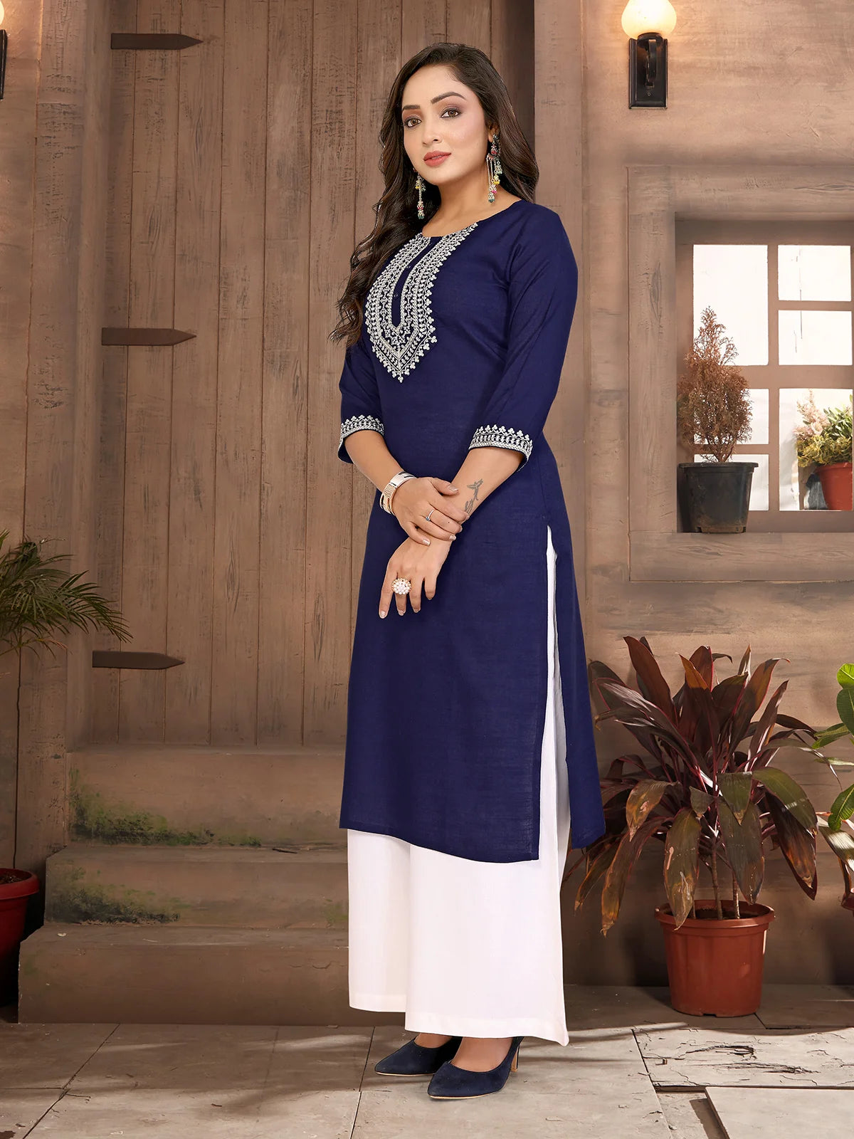 Buy Rayon Embroidered Straight Calf Length Kurta-Blue