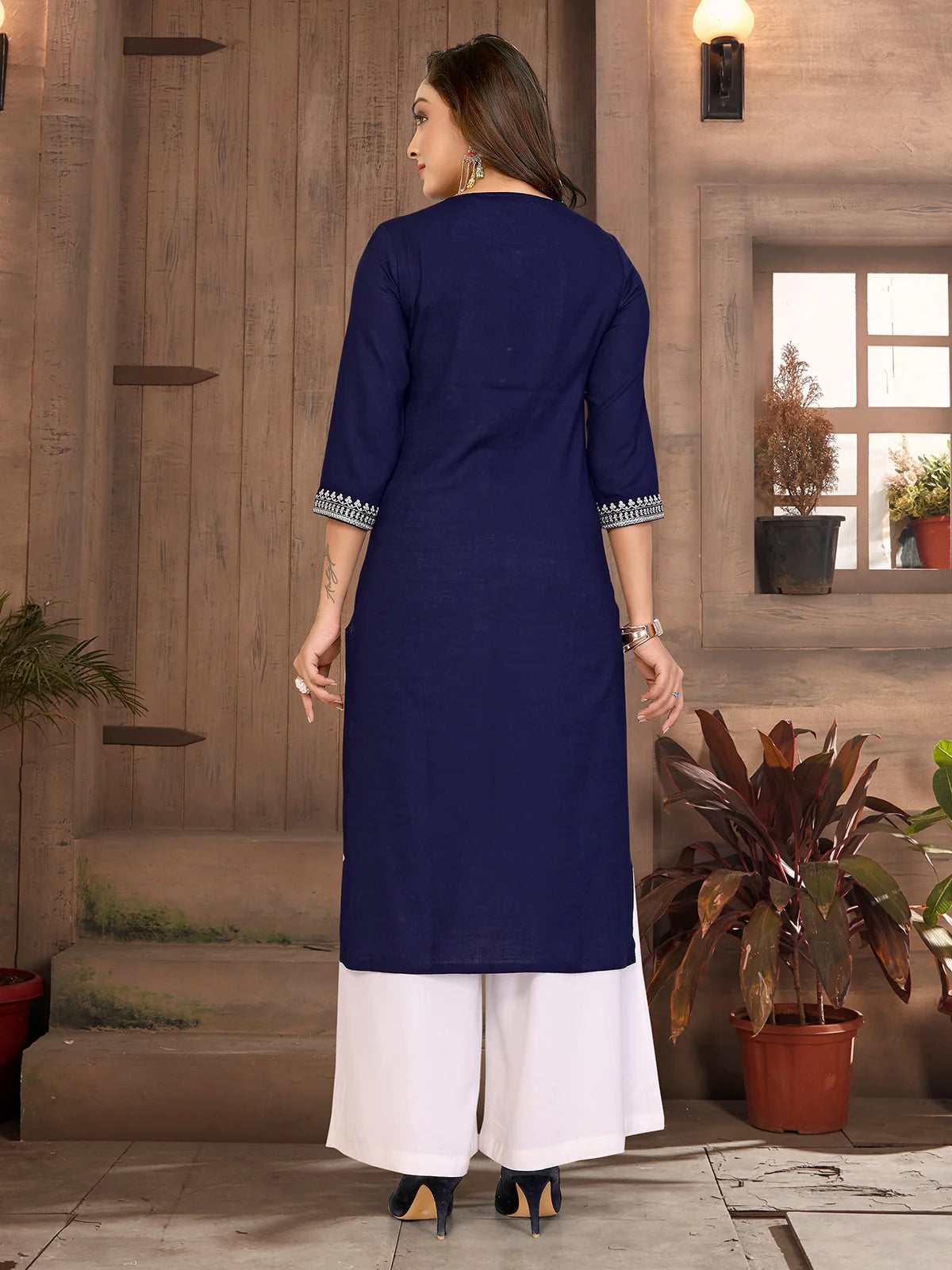 Buy Rayon Embroidered Straight Calf Length Kurta-Blue