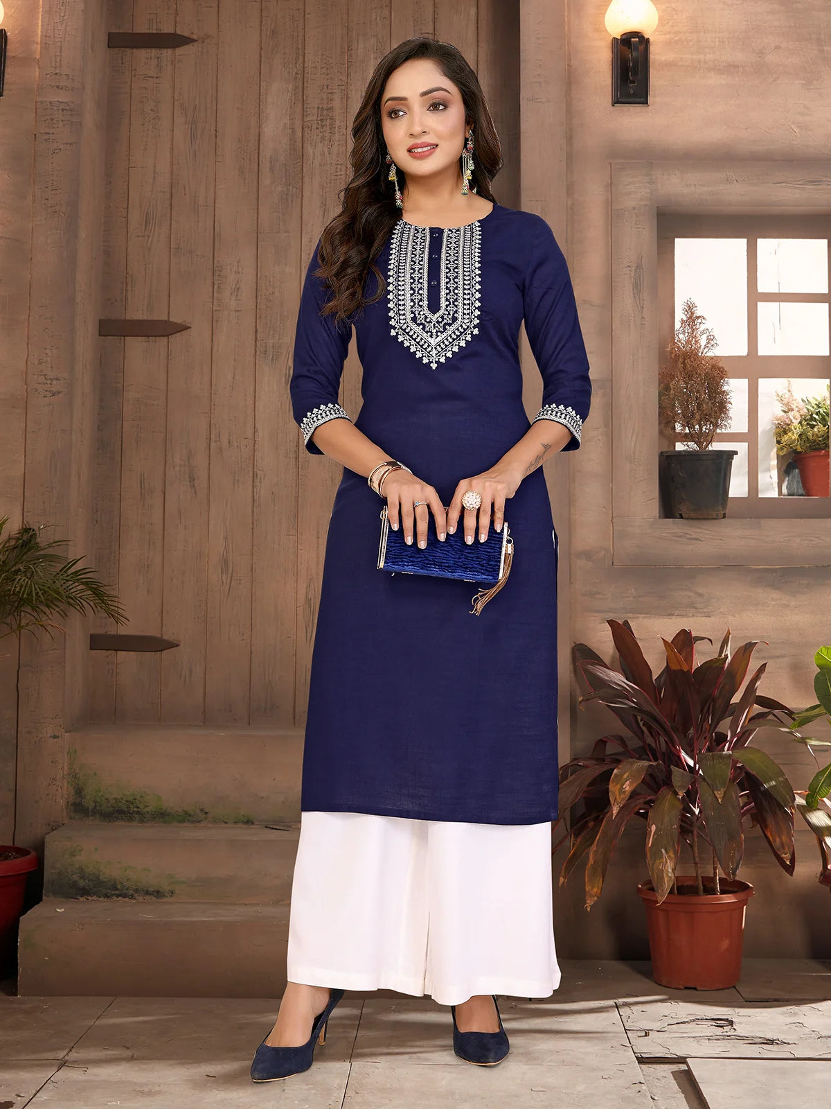 Buy Rayon Embroidered Straight Calf Length Kurta-Blue