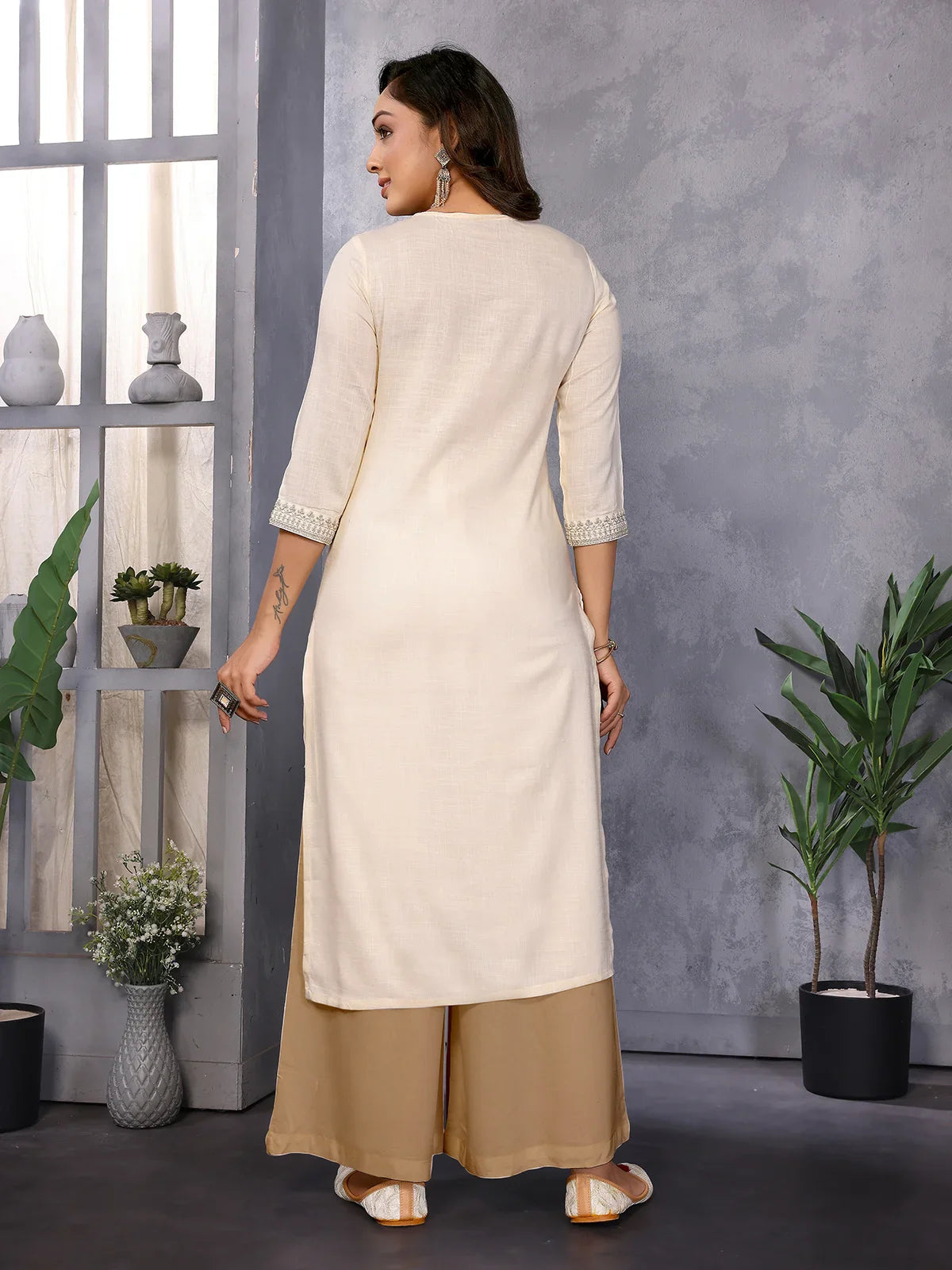 Buy Rayon Embroidered Straight Calf Length Kurta-Off White