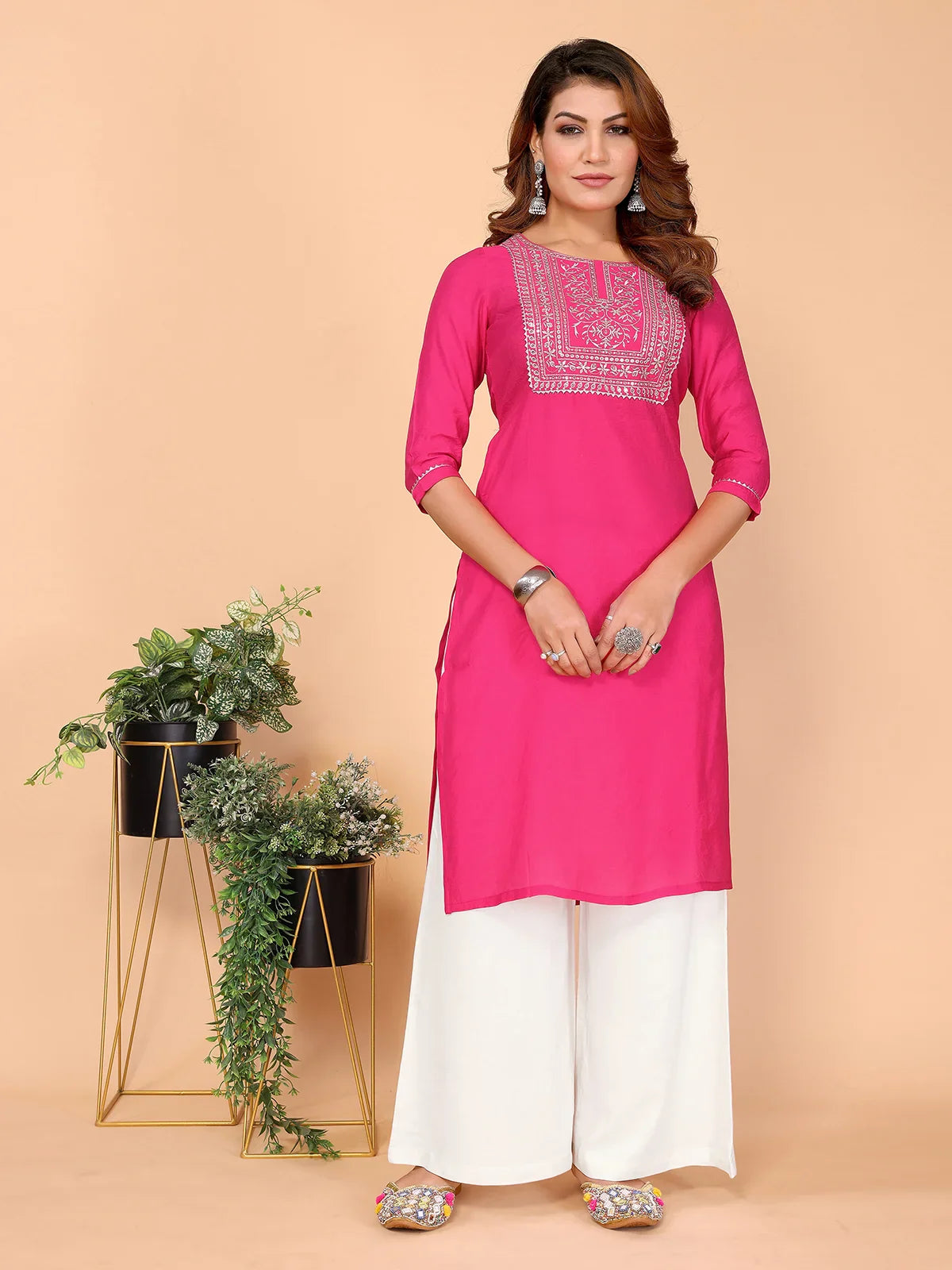 Buy Viscose Poly Embroidered Straight Calf Length Kurta-Fuchsia