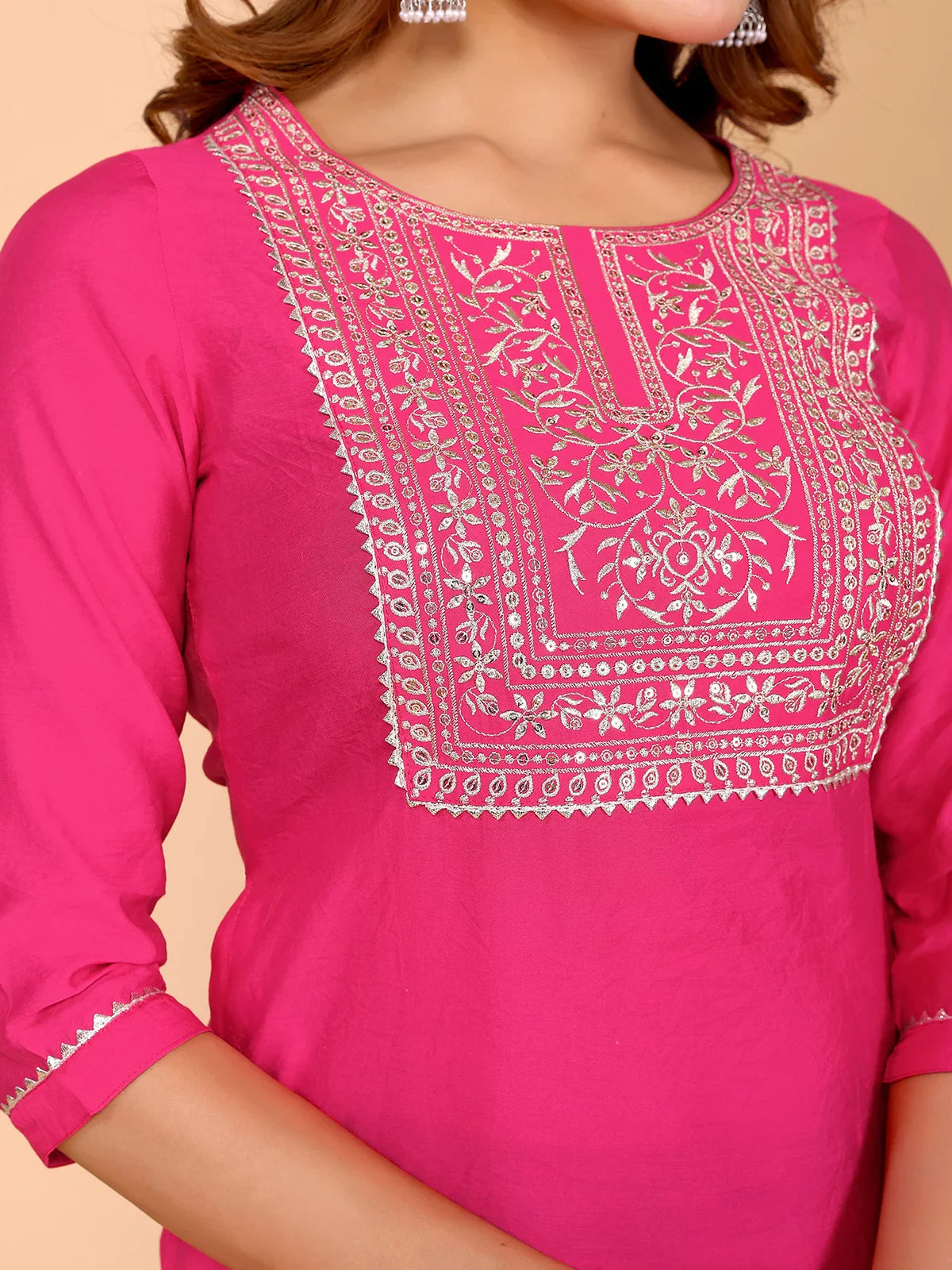 Buy Viscose Poly Embroidered Straight Calf Length Kurta-Fuchsia