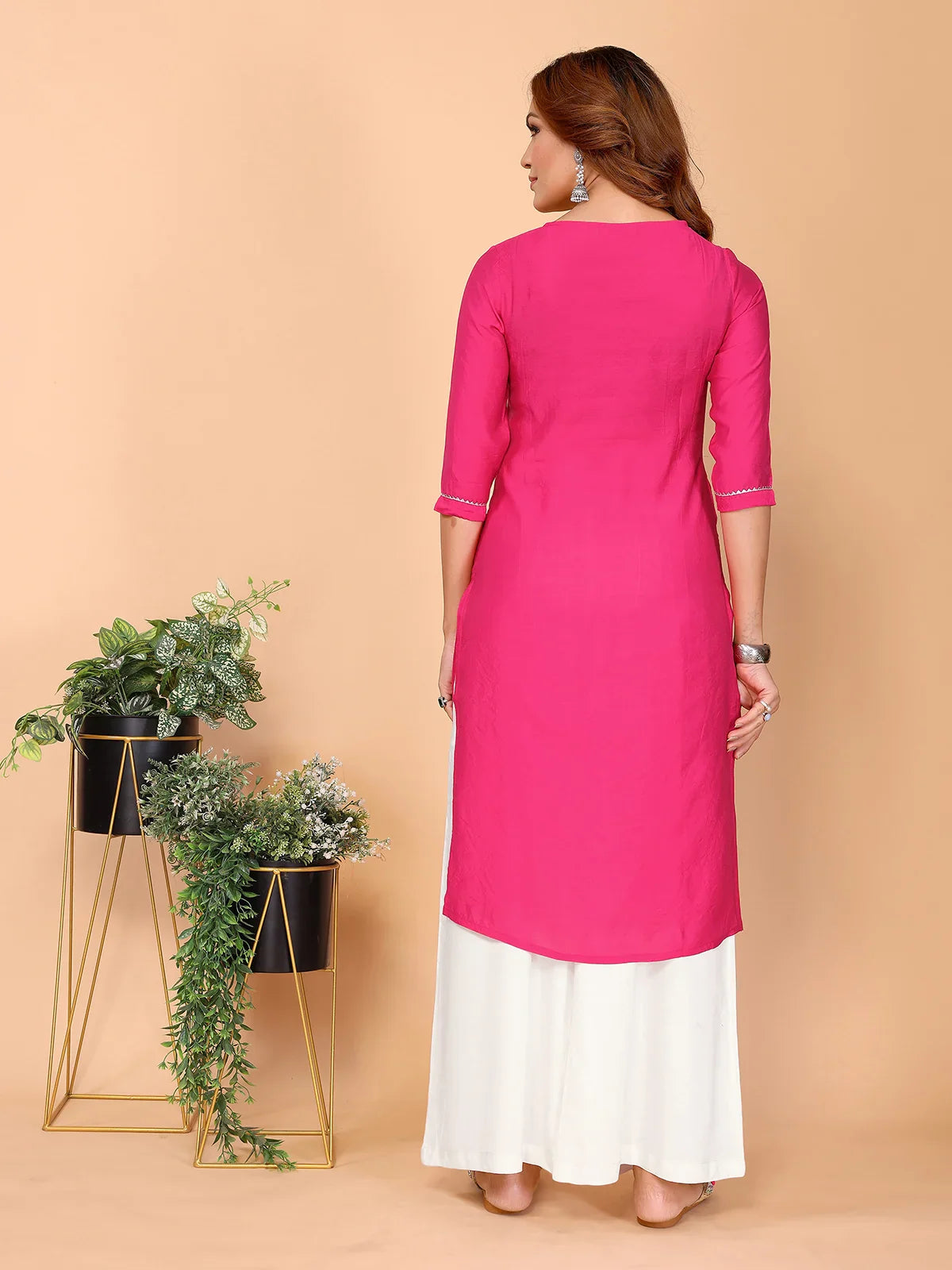 Buy Viscose Poly Embroidered Straight Calf Length Kurta-Fuchsia