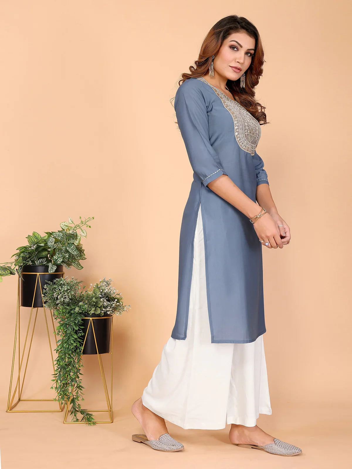 Buy Viscose Poly Embroidered Straight Calf Length Kurta-Grey