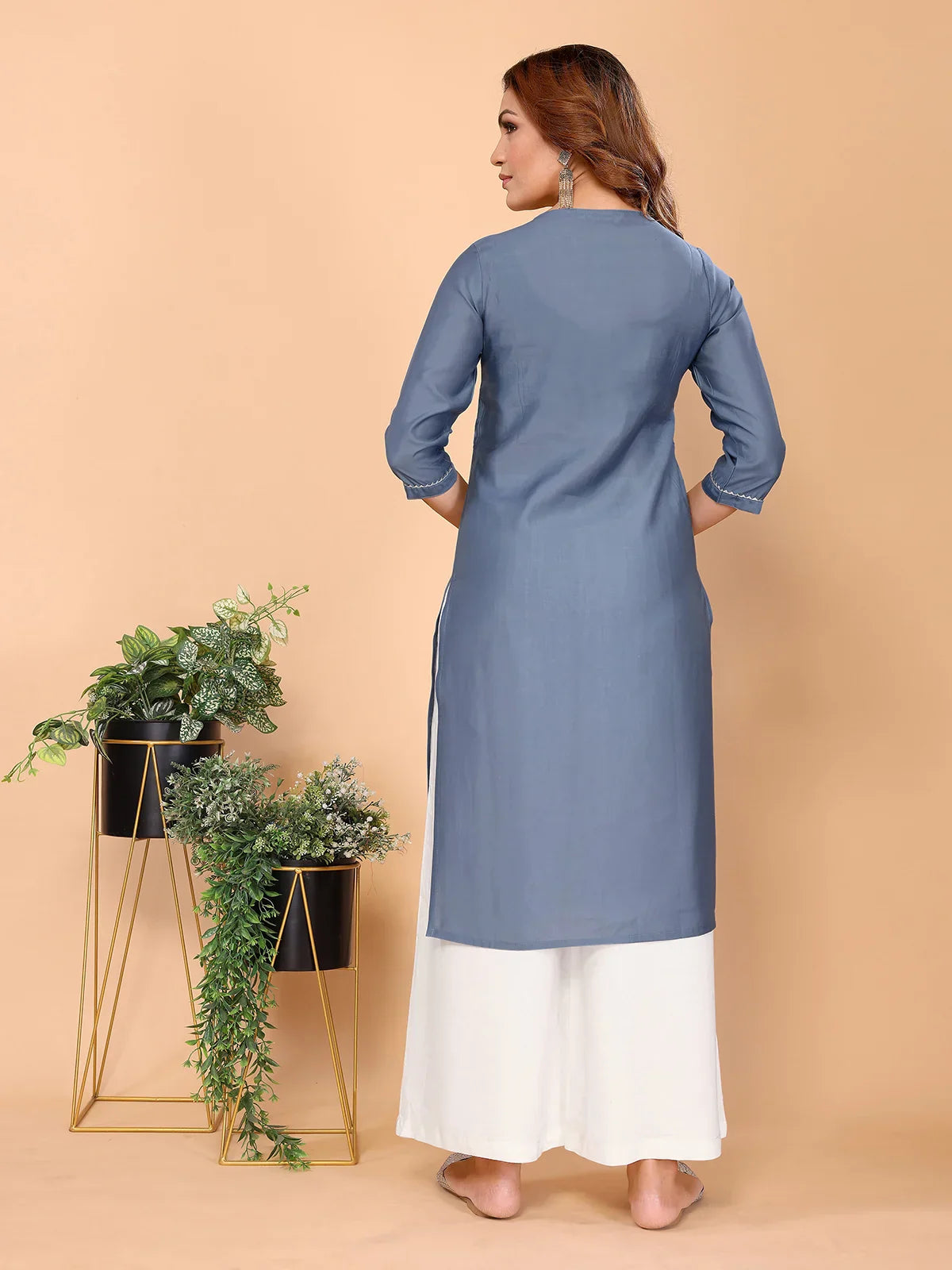 Buy Viscose Poly Embroidered Straight Calf Length Kurta-Grey