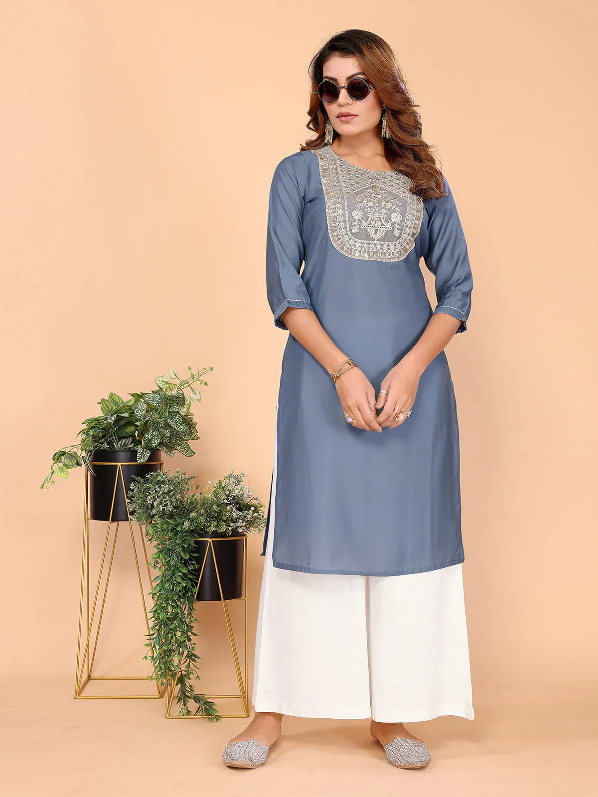 Buy Viscose Poly Embroidered Straight Calf Length Kurta-Grey