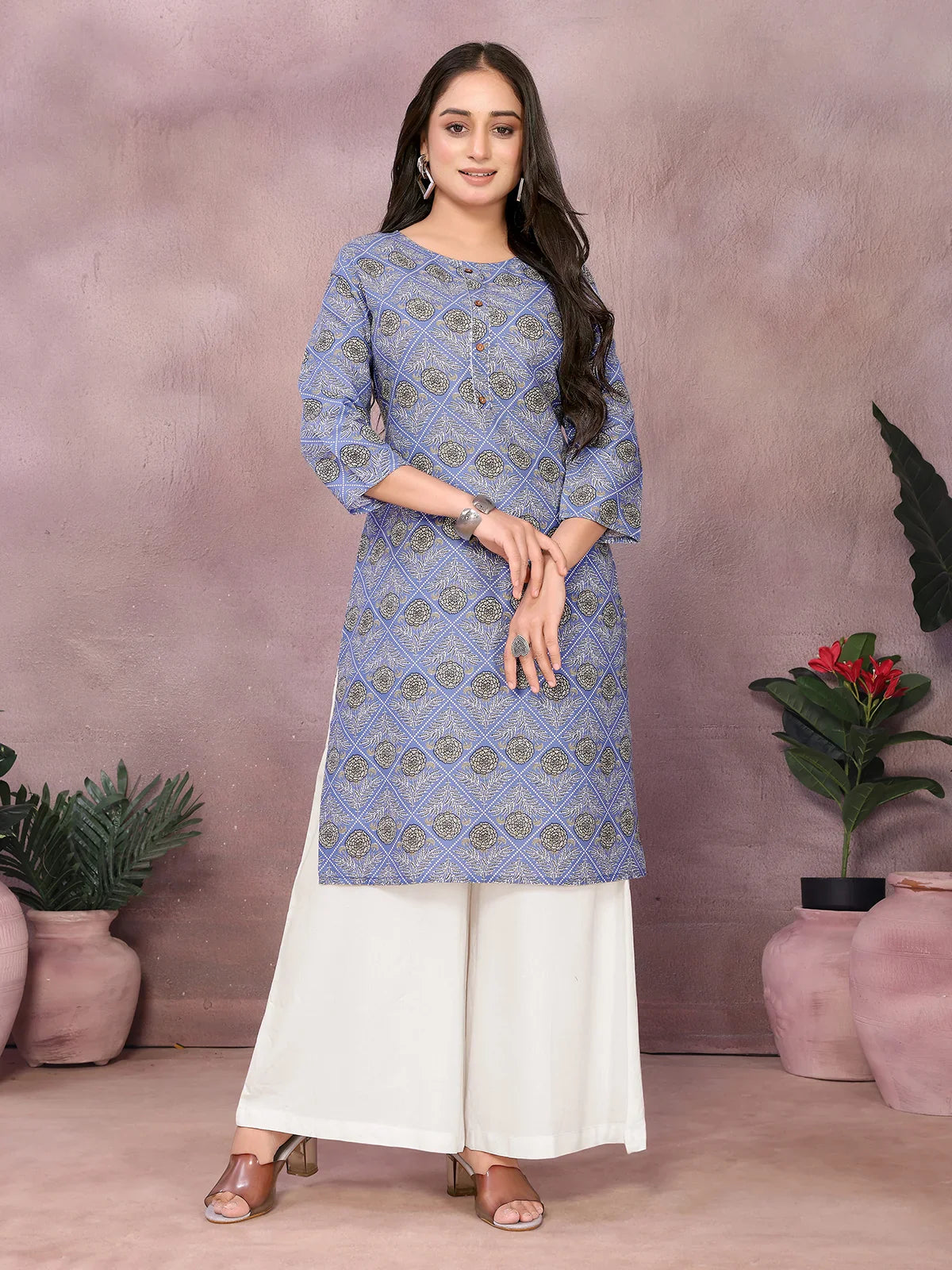 Buy Rayon Printed Straight Knee Length Kurta-Blue