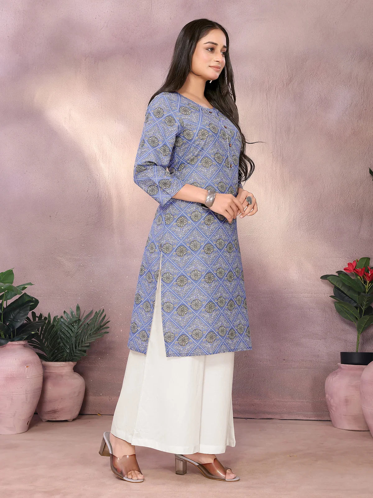 Buy Rayon Printed Straight Knee Length Kurta-Blue