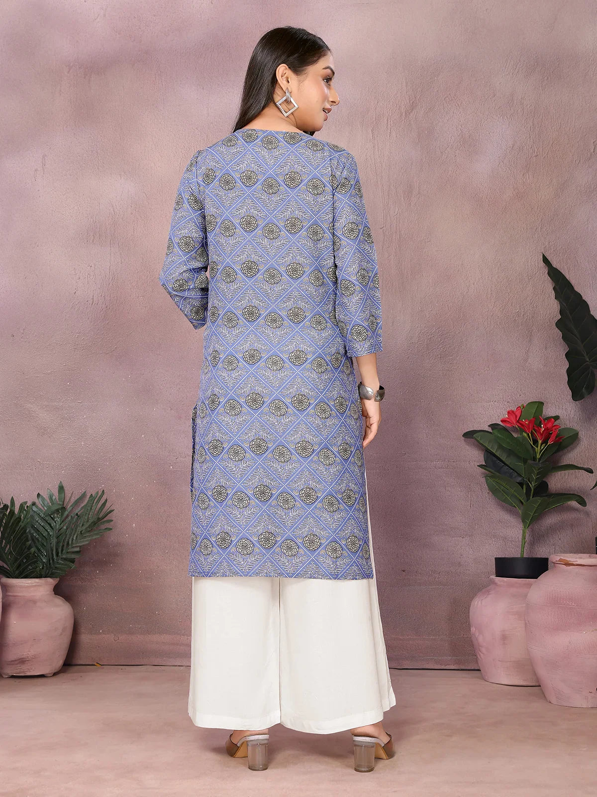 Buy Rayon Printed Straight Knee Length Kurta-Blue