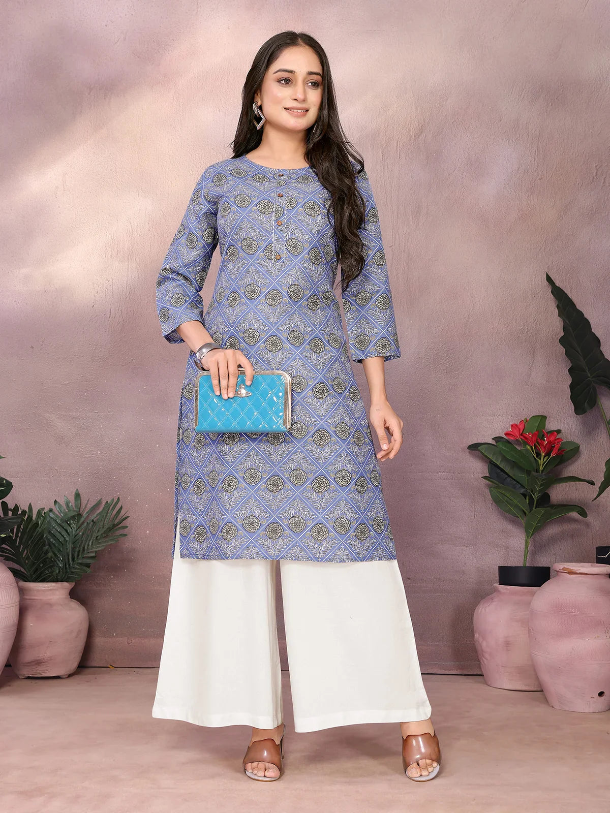 Buy Rayon Printed Straight Knee Length Kurta-Blue