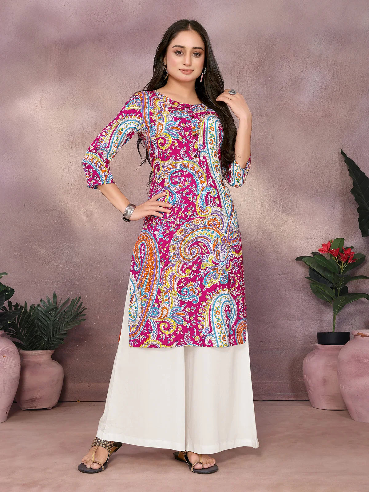 Buy Rayon Printed Straight Knee Length Kurta-Pink