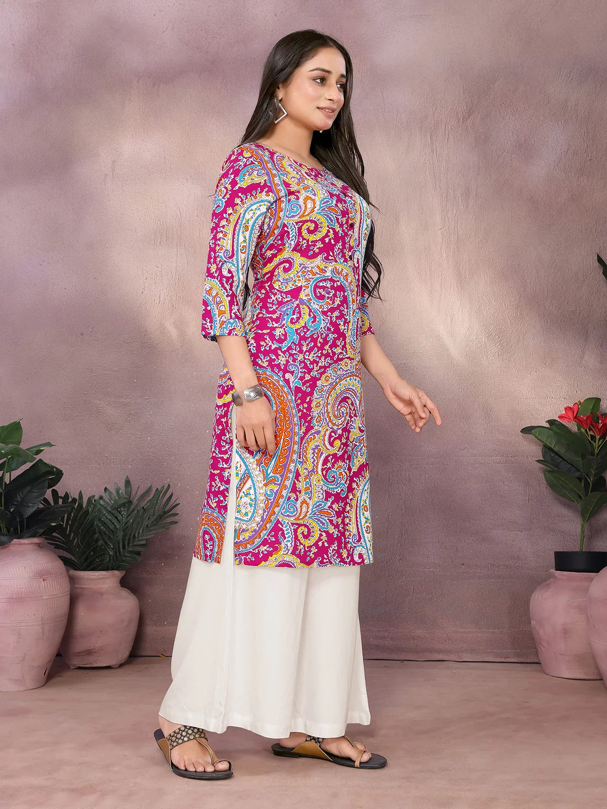 Buy Rayon Printed Straight Knee Length Kurta-Pink
