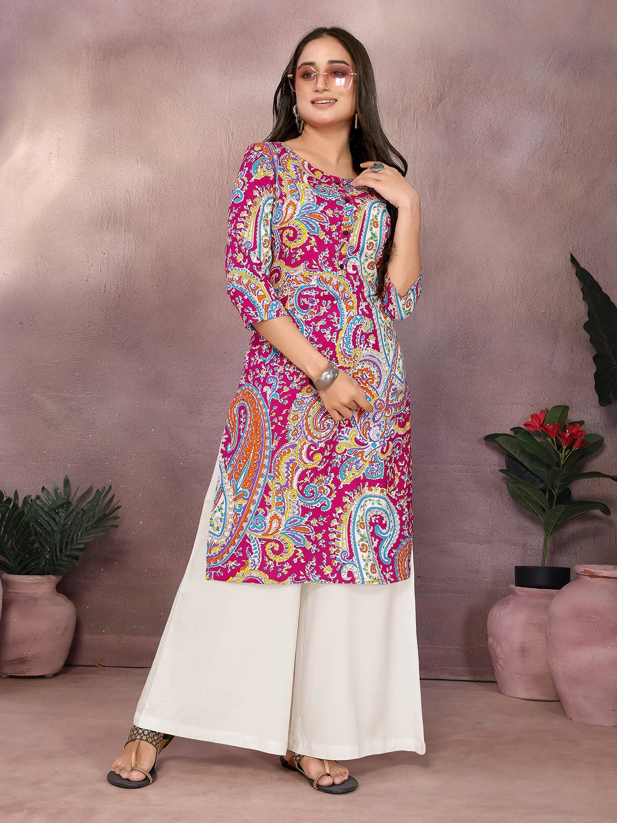 Buy Rayon Printed Straight Knee Length Kurta-Pink