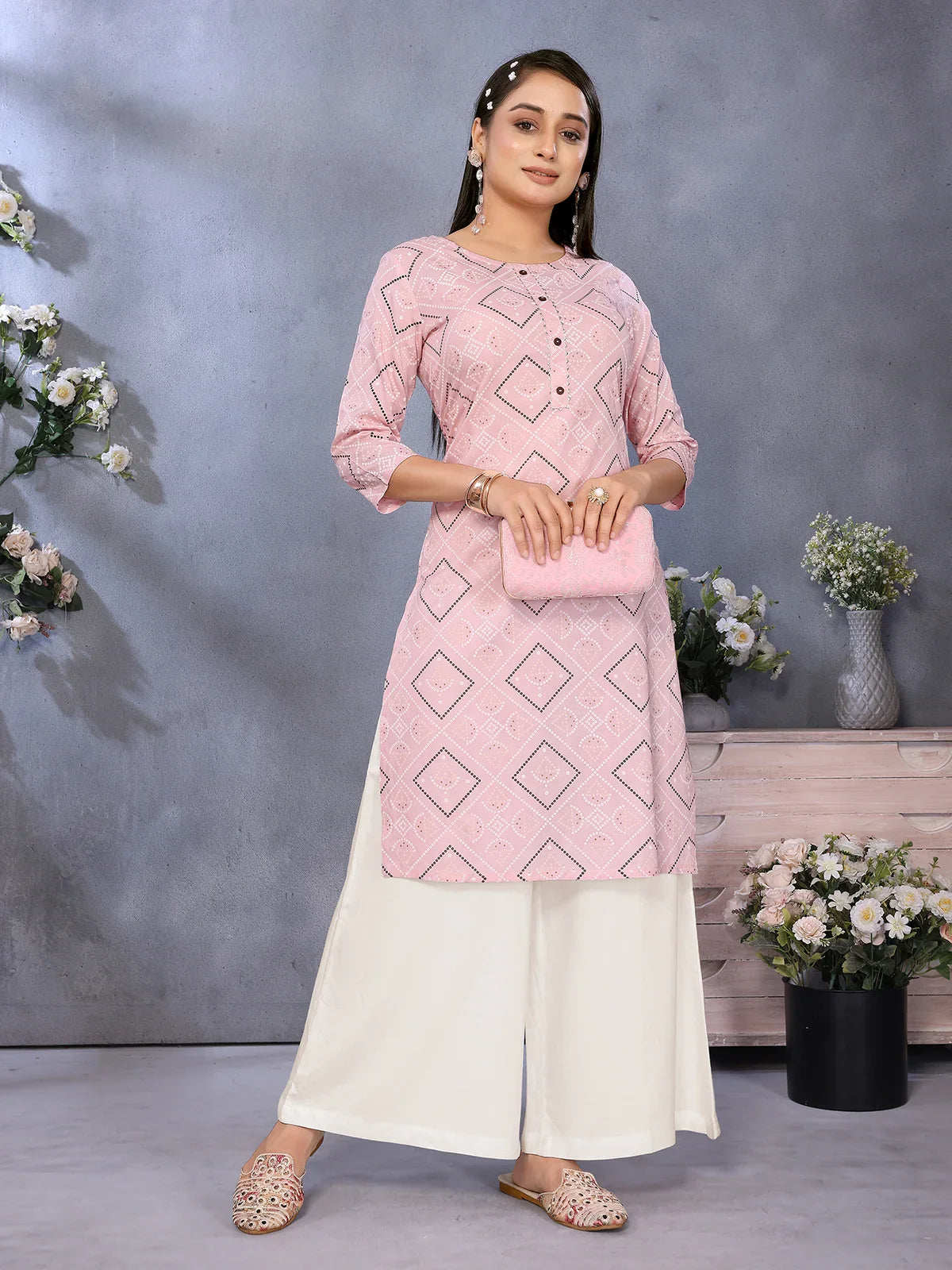Buy Rayon Printed Straight Knee Length Kurta-Peach