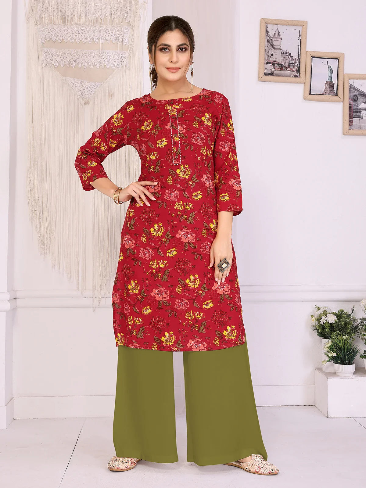 Buy Rayon Printed Straight Knee Length Kurta-Red
