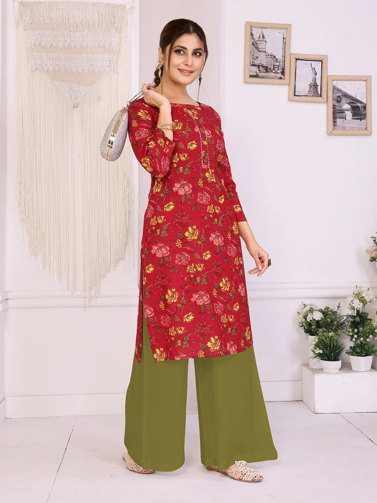 Buy Rayon Printed Straight Knee Length Kurta-Red