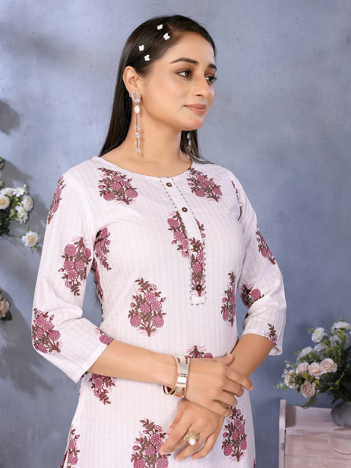 Buy Rayon Printed Straight Knee Length Kurta-Off White