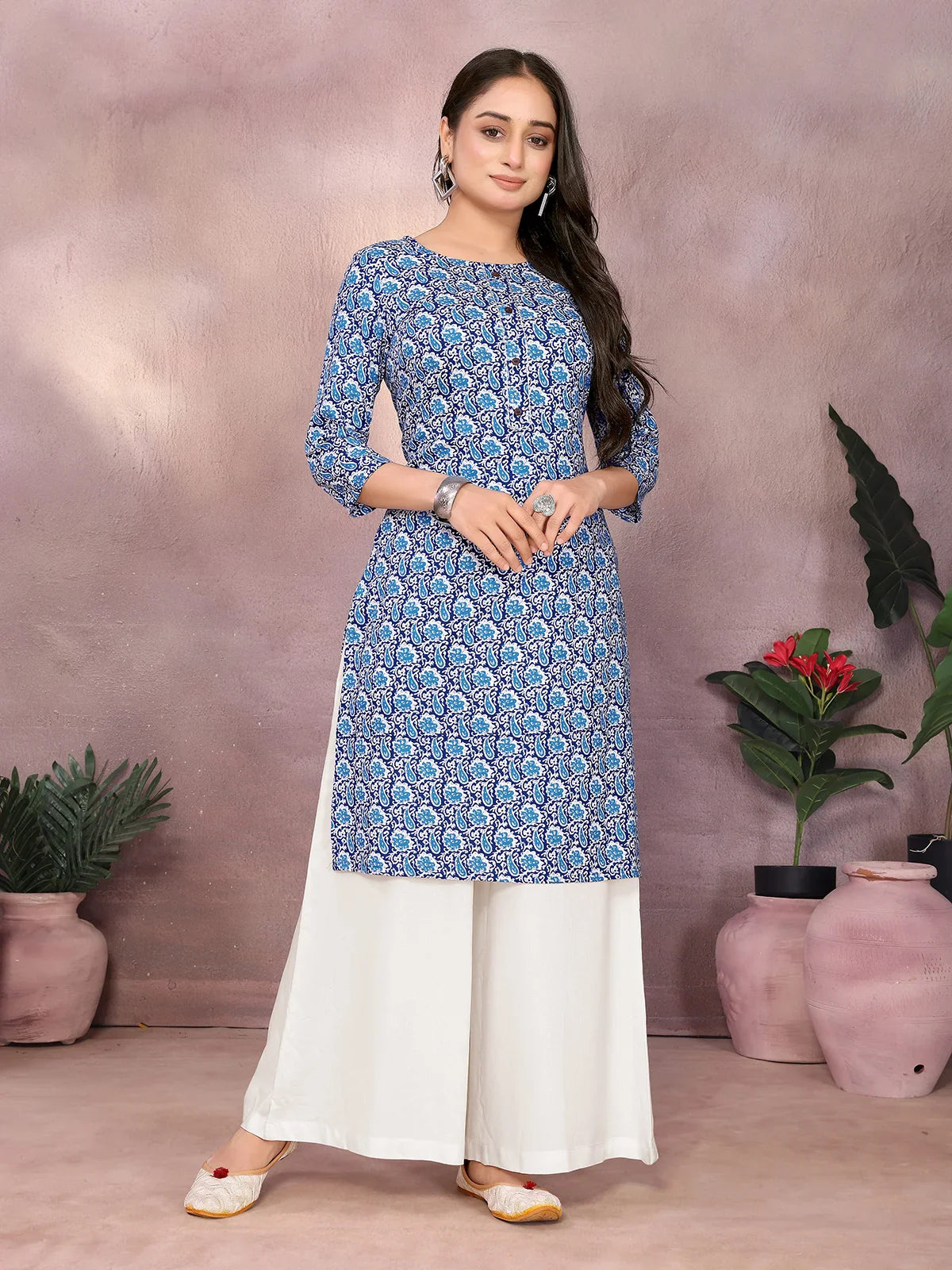 Buy Rayon Printed Straight Knee Length Kurta-Blue