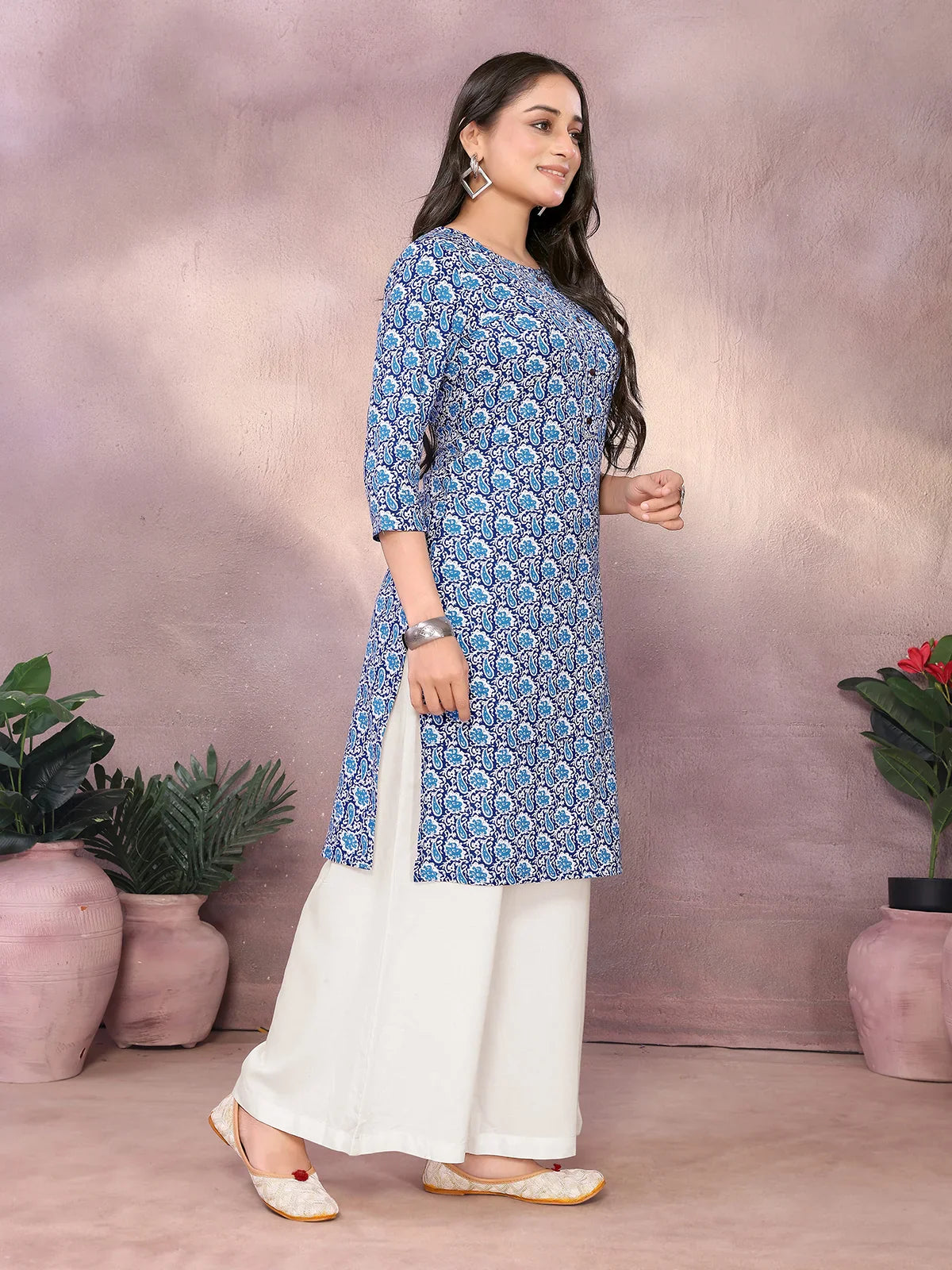 Buy Rayon Printed Straight Knee Length Kurta-Blue