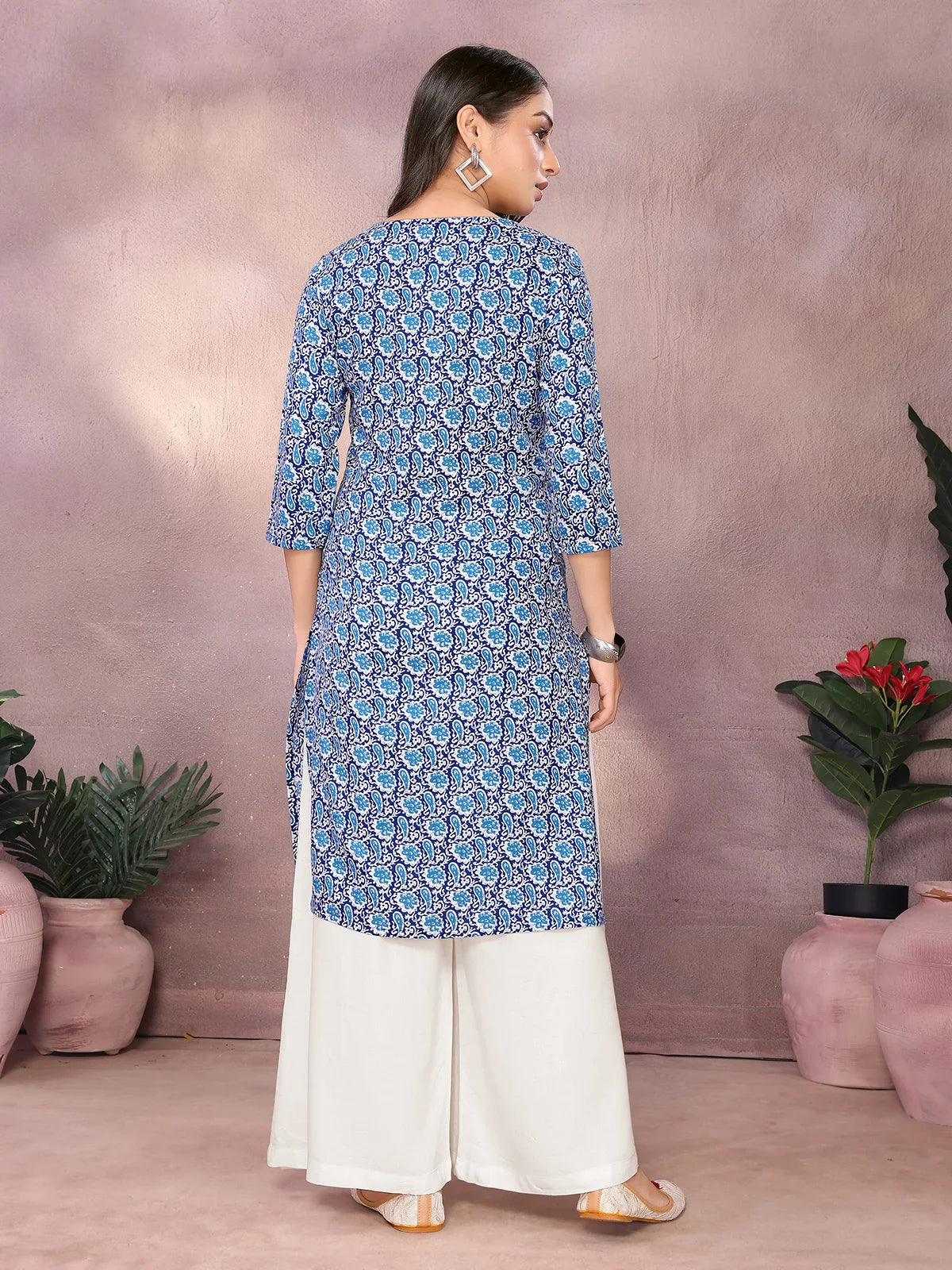 Buy Rayon Printed Straight Knee Length Kurta-Blue