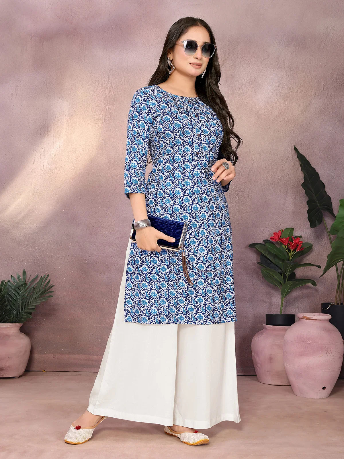 Buy Rayon Printed Straight Knee Length Kurta-Blue