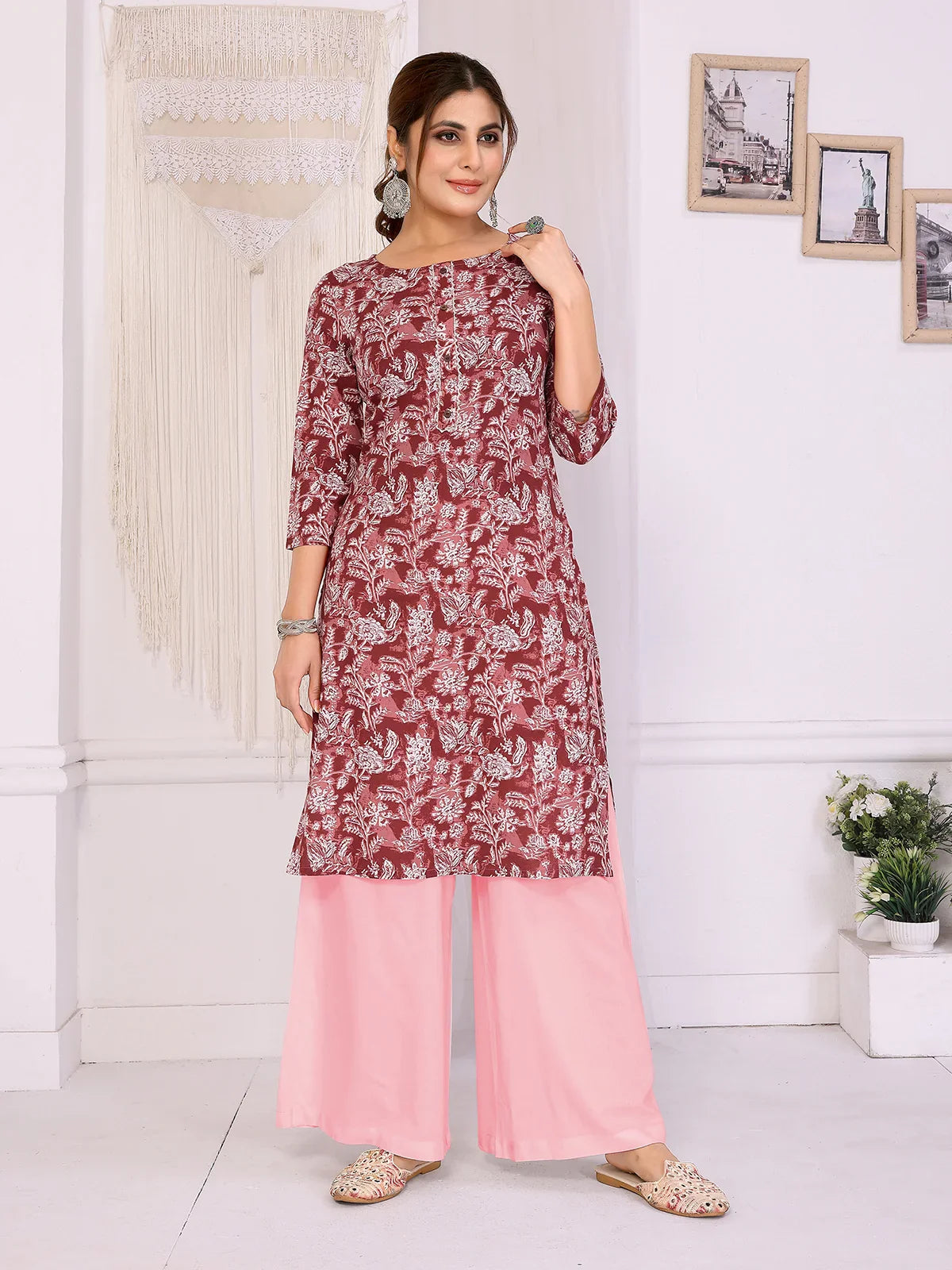 Buy Rayon Printed Straight Knee Length Kurta-Peach