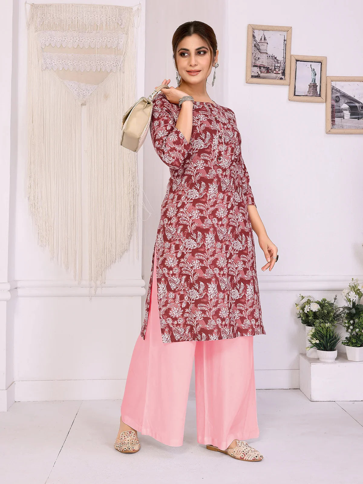 Buy Rayon Printed Straight Knee Length Kurta-Peach