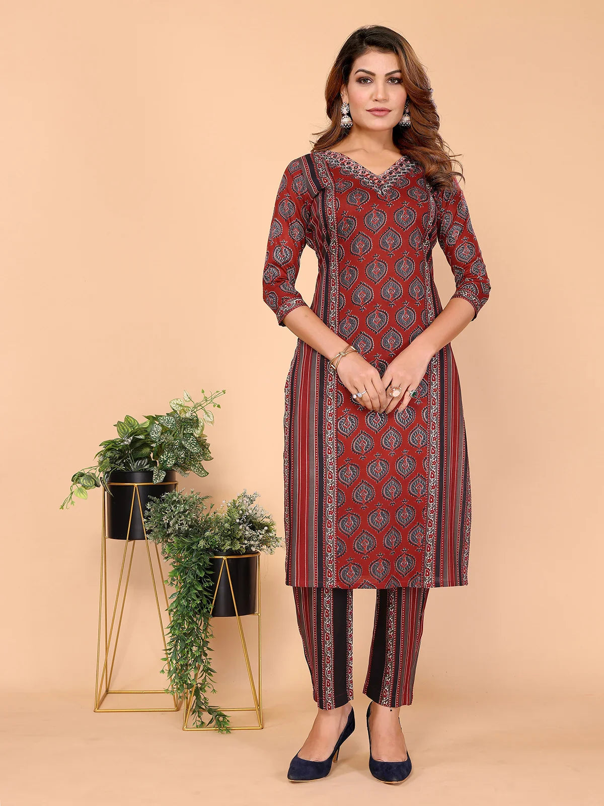 Buy Rayon Embroidered Straight Calf Length Kurta with Pant-Maroon